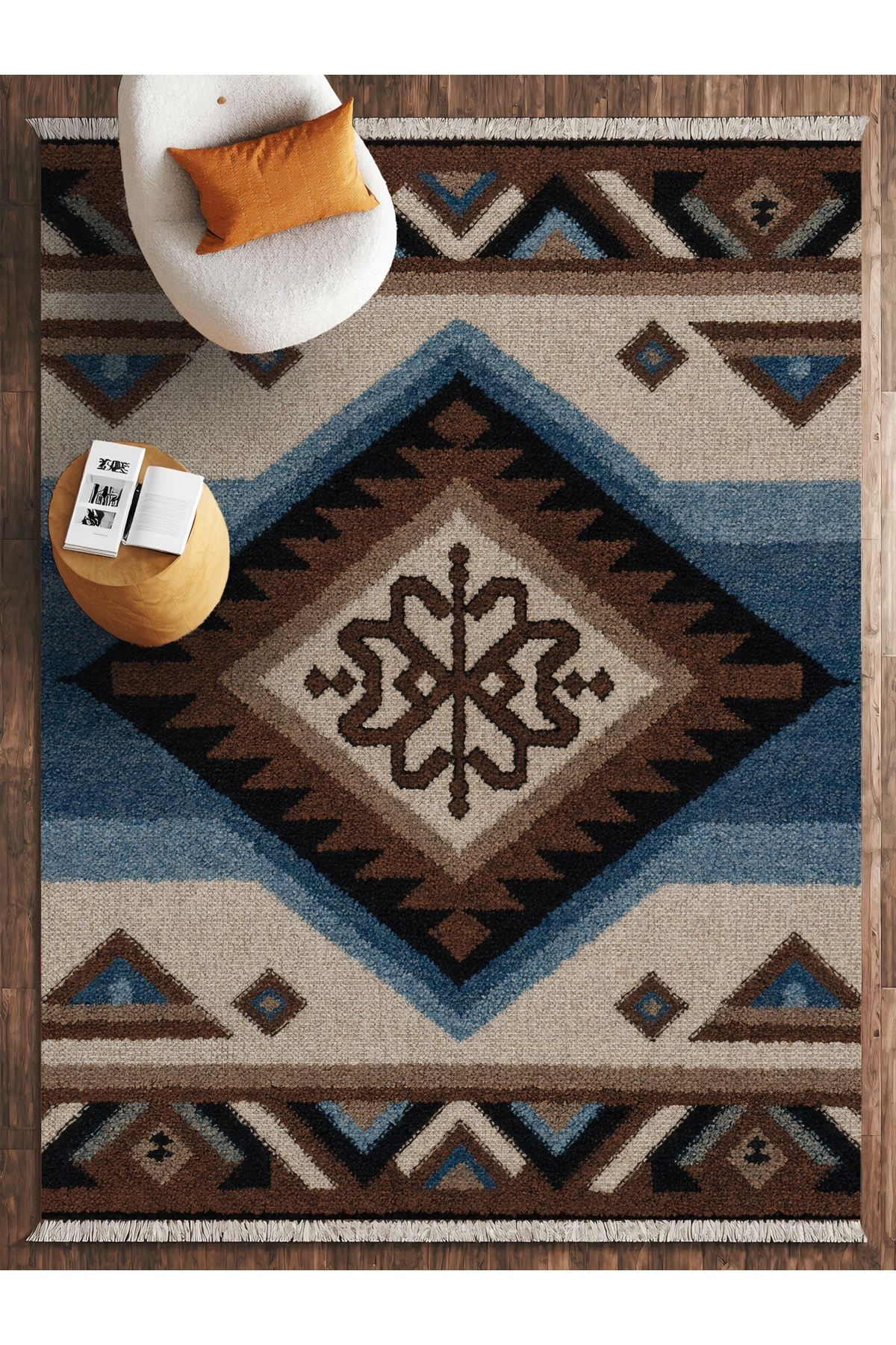 HALIZZON Boho Tribal Halı Mavi Kahverengi Etnik Göbek Desenli Salon Halısı