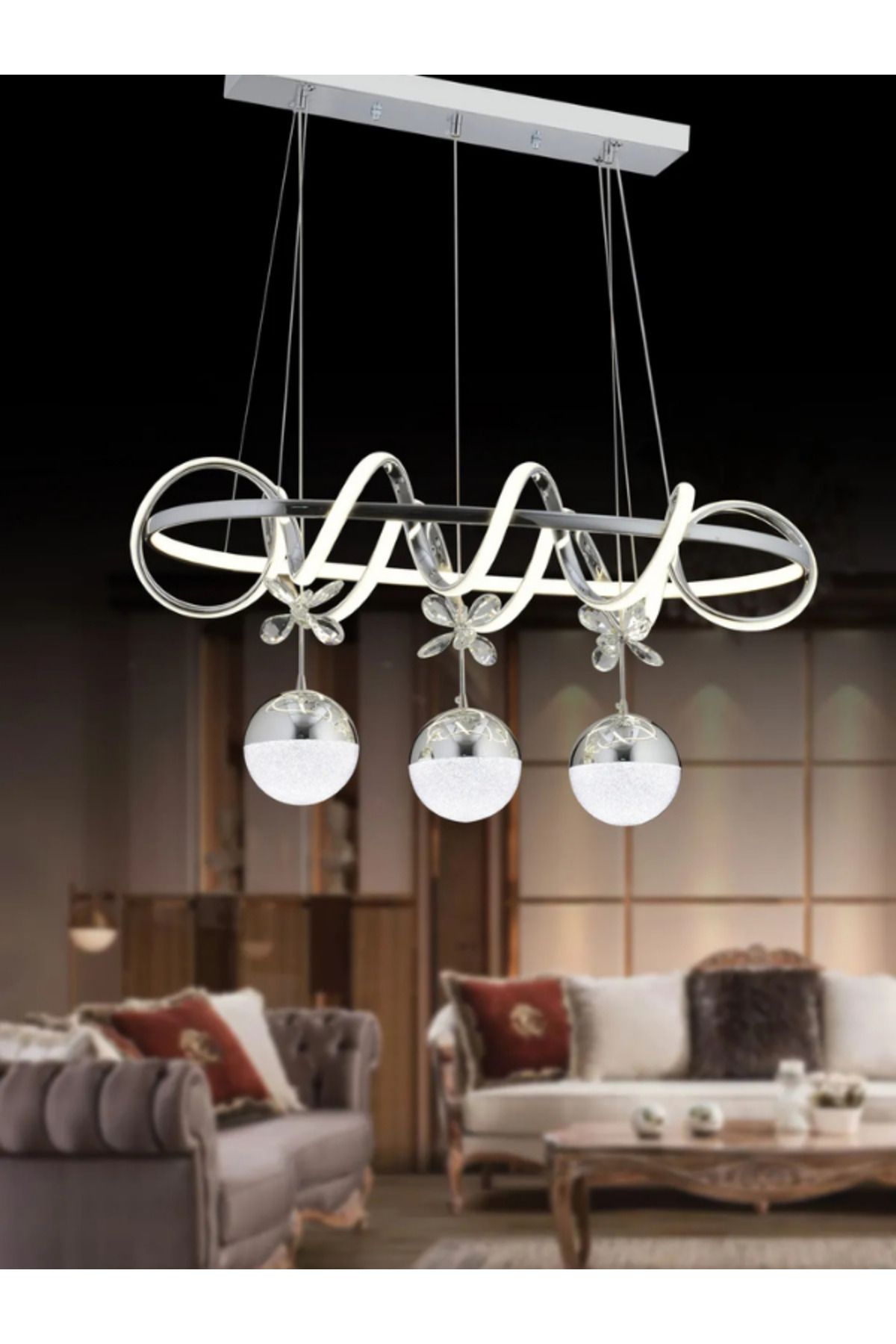 B&F STORE NEW STYLE LED AVİZE AKIN YEMEK MASASI GÜMÜŞ 3RENK IŞIKLI
