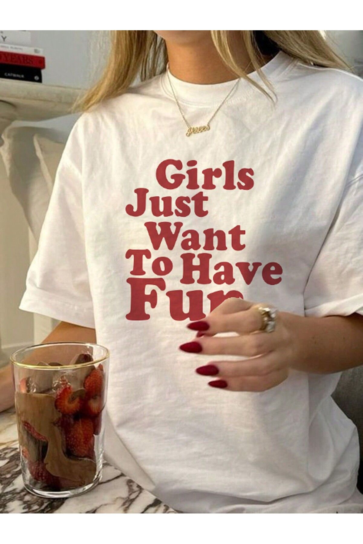 DAXİS Sportwear Company KADIN "Girls Just Want To Have Fun" Baskılı Bisiklet Yaka Tişört