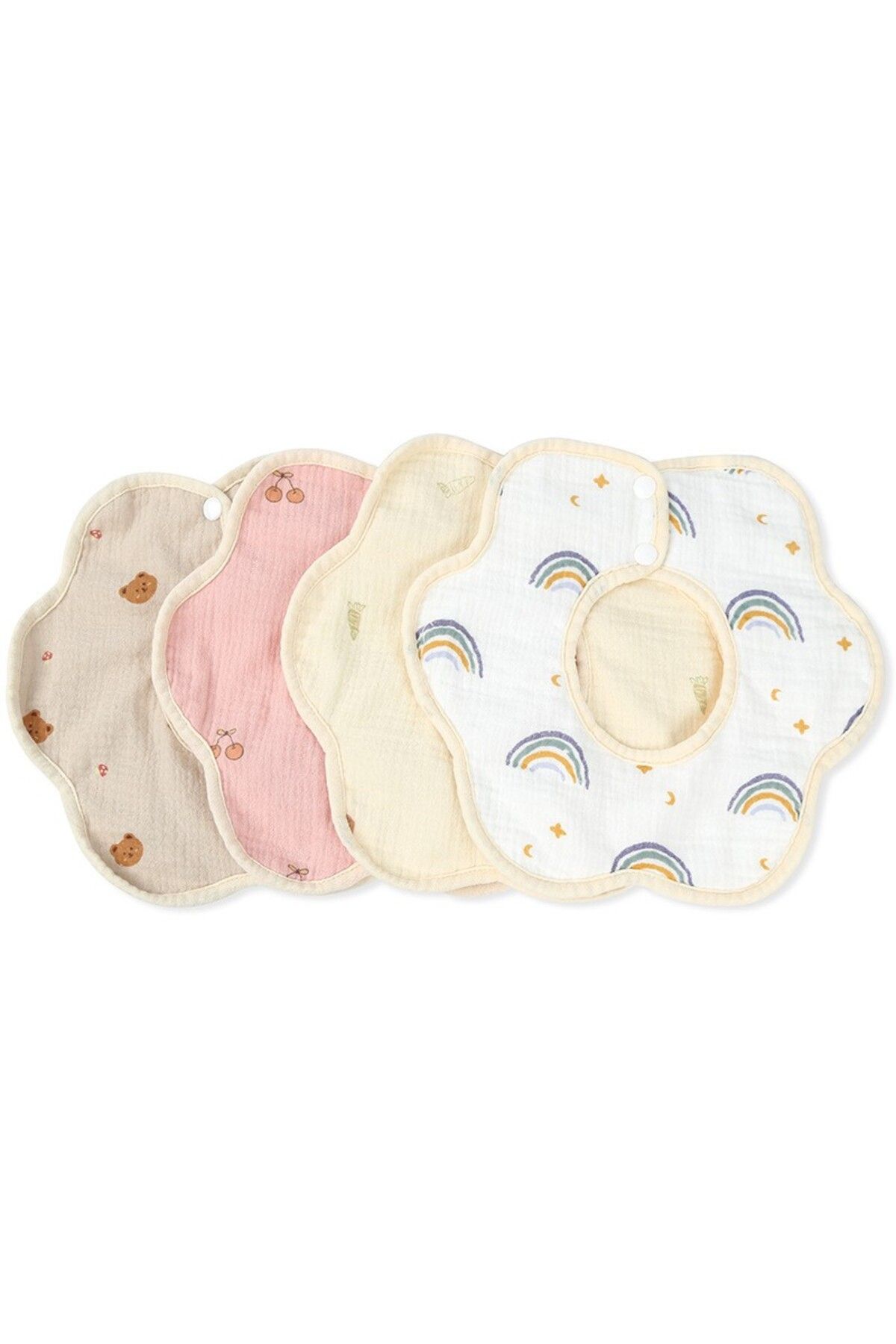 Flippy-Bavetă Bebe Floare, Bumbac, 0-12 Luni, Impermeabilă, Capse, Model Ursuleț, 26x29 Cm, Crem 4