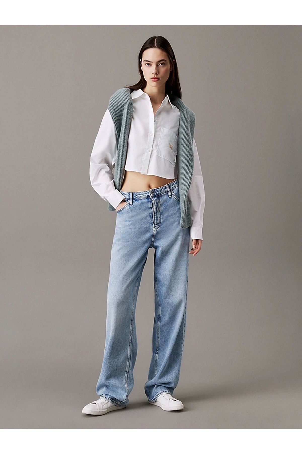 CK Jeans Kadın Woven Label Cropped Beyaz Gömlek J20J225078-YAA