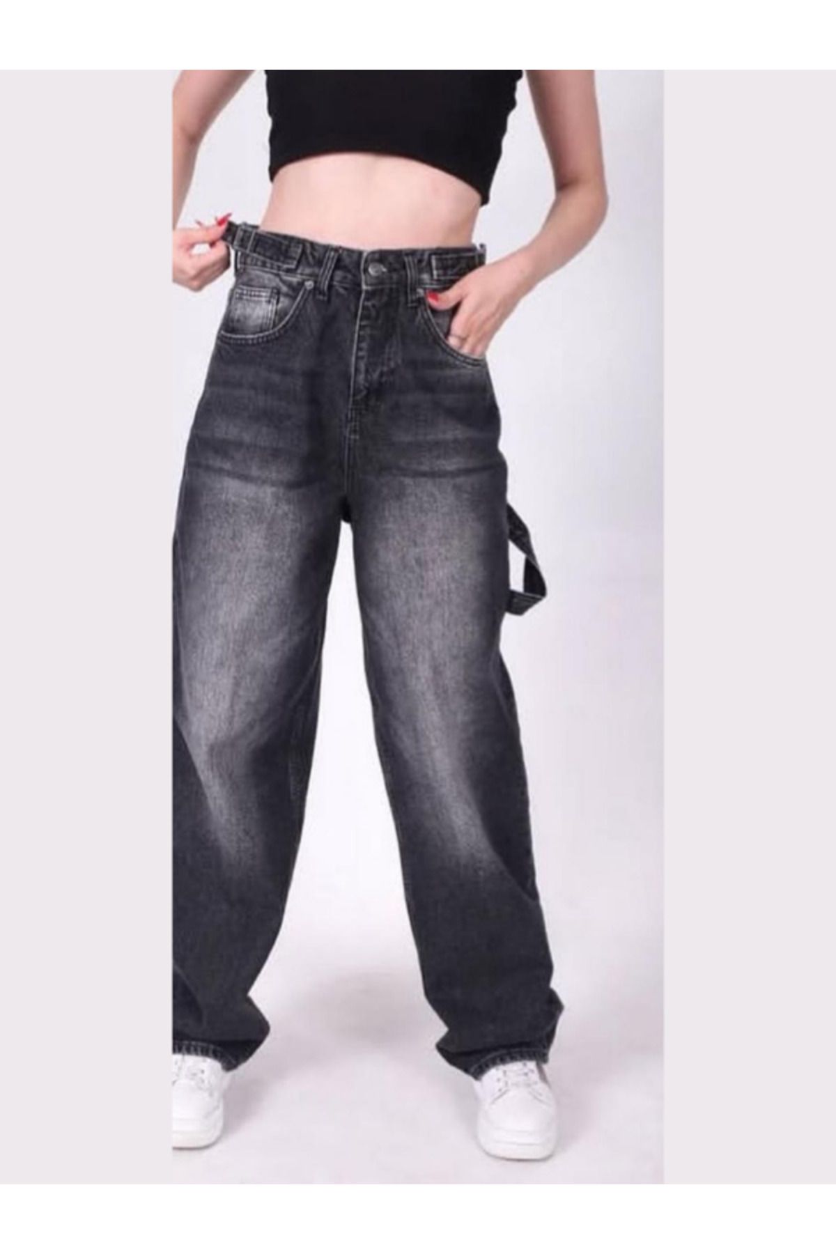 AsiaLife (BEL AYARLANABİLİR) YAN TOKALI (TAŞLANMIŞ) BOL PAÇA BAGGY JEANS