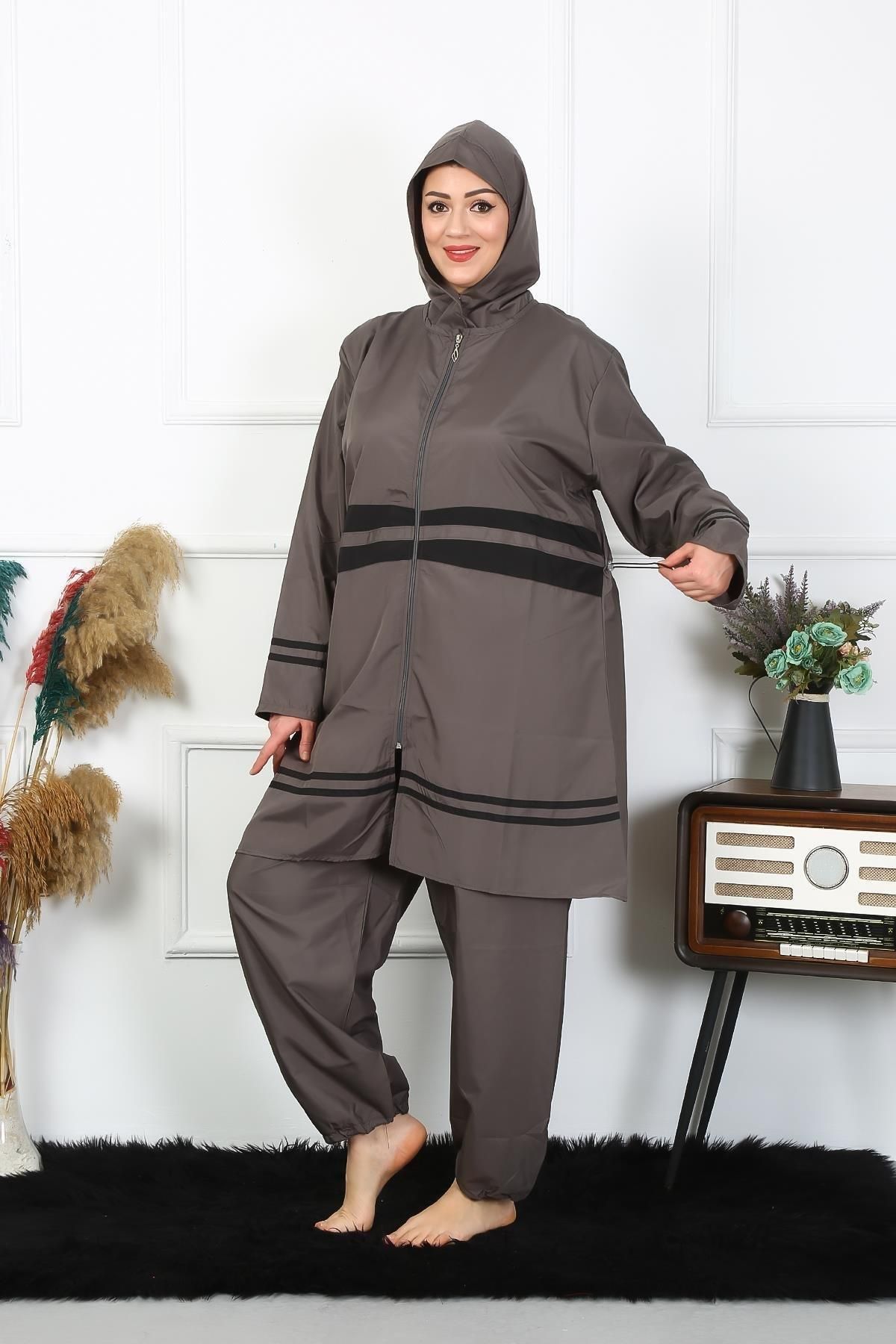 PuShe Moda Çizgi Büyük Beden Tesettür Mayo 7XL-8XL-9XL-10XL Füme 55010