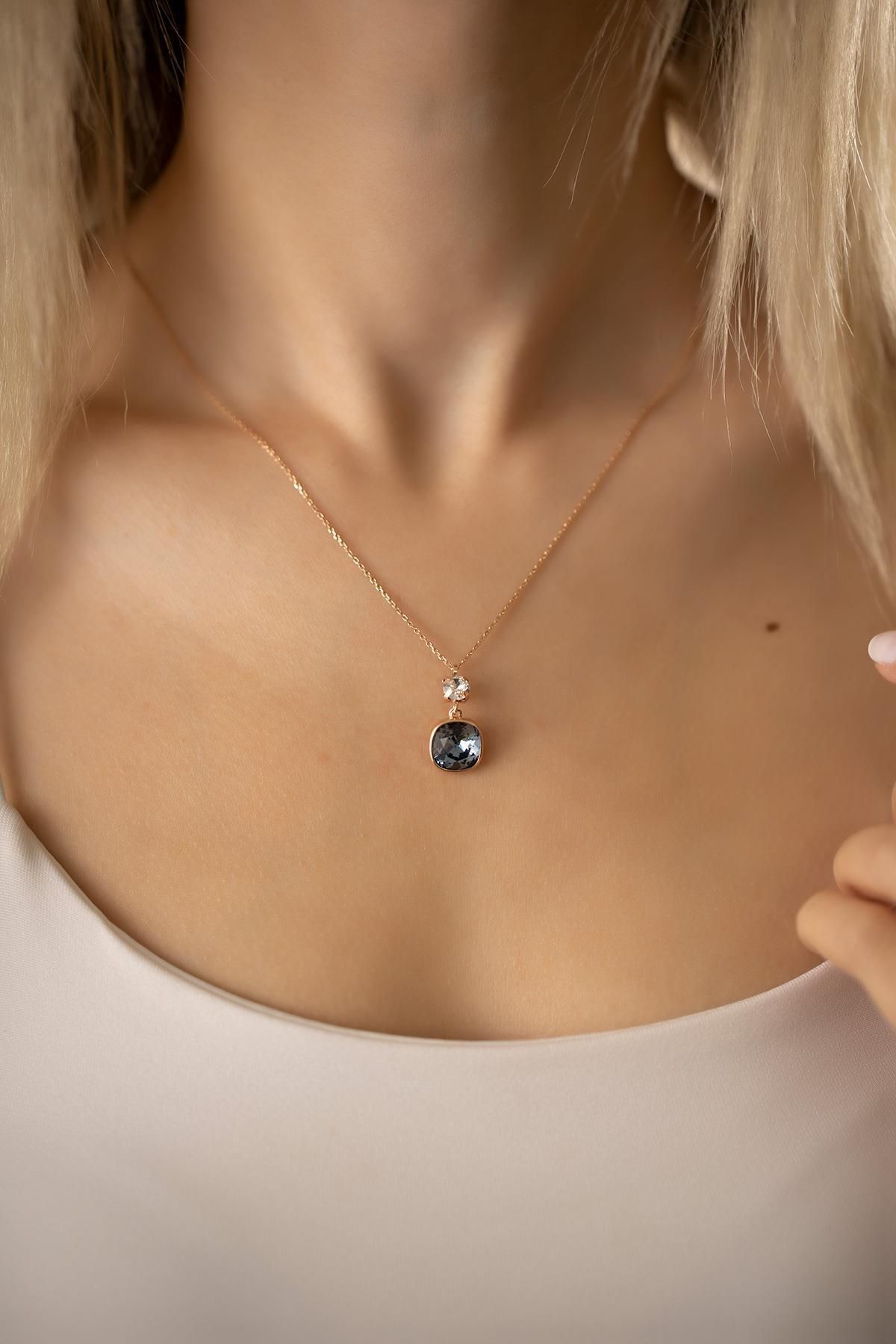 Ninova Silver İki Taşlı Model Rose Kaplama Gümüş Crystal Kolye