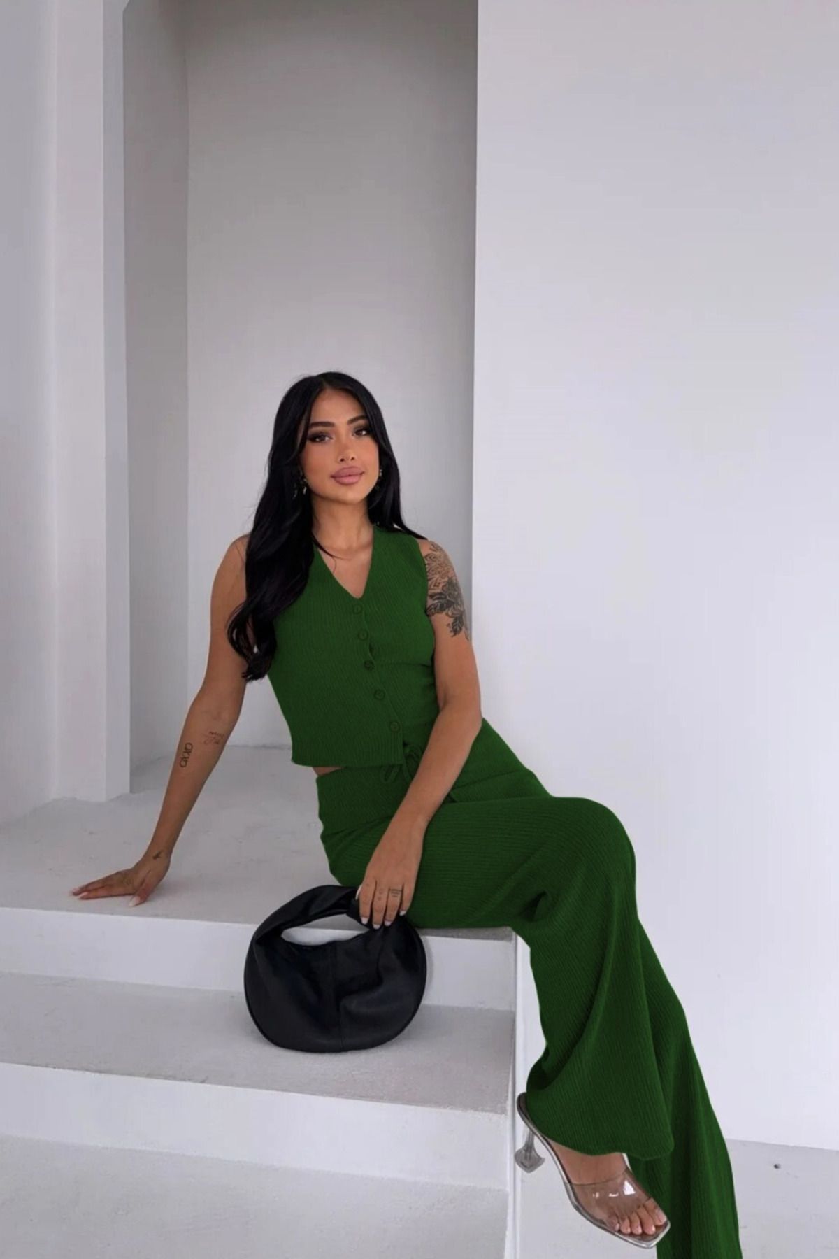 Siner Fashion Kadın Kolsuz Düğmeli Yelek Yüksek Bel Pantolon Takım