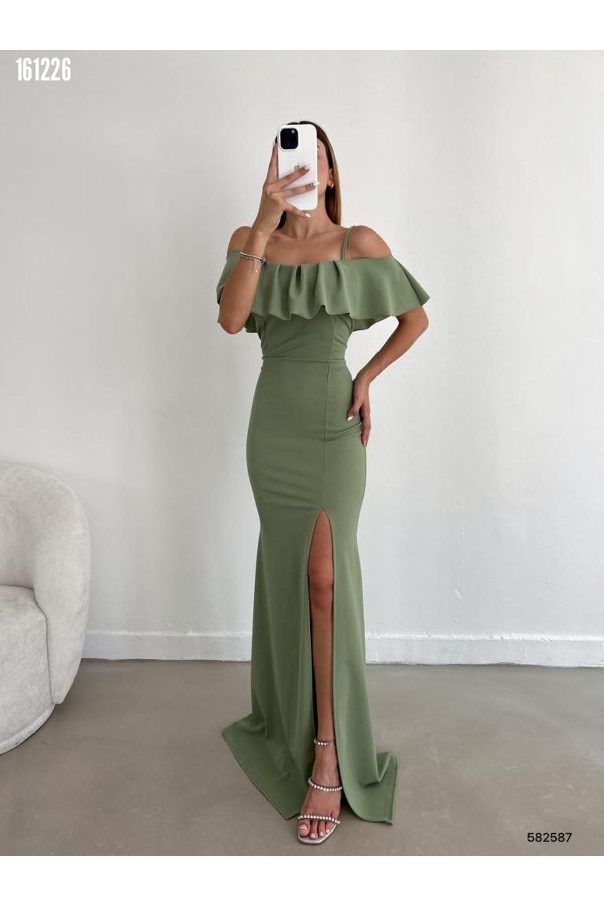Kokosh moda Kadın Askılı Maxi Boy Yırtmaçlı Krep Kumaş Abiye Elbise
