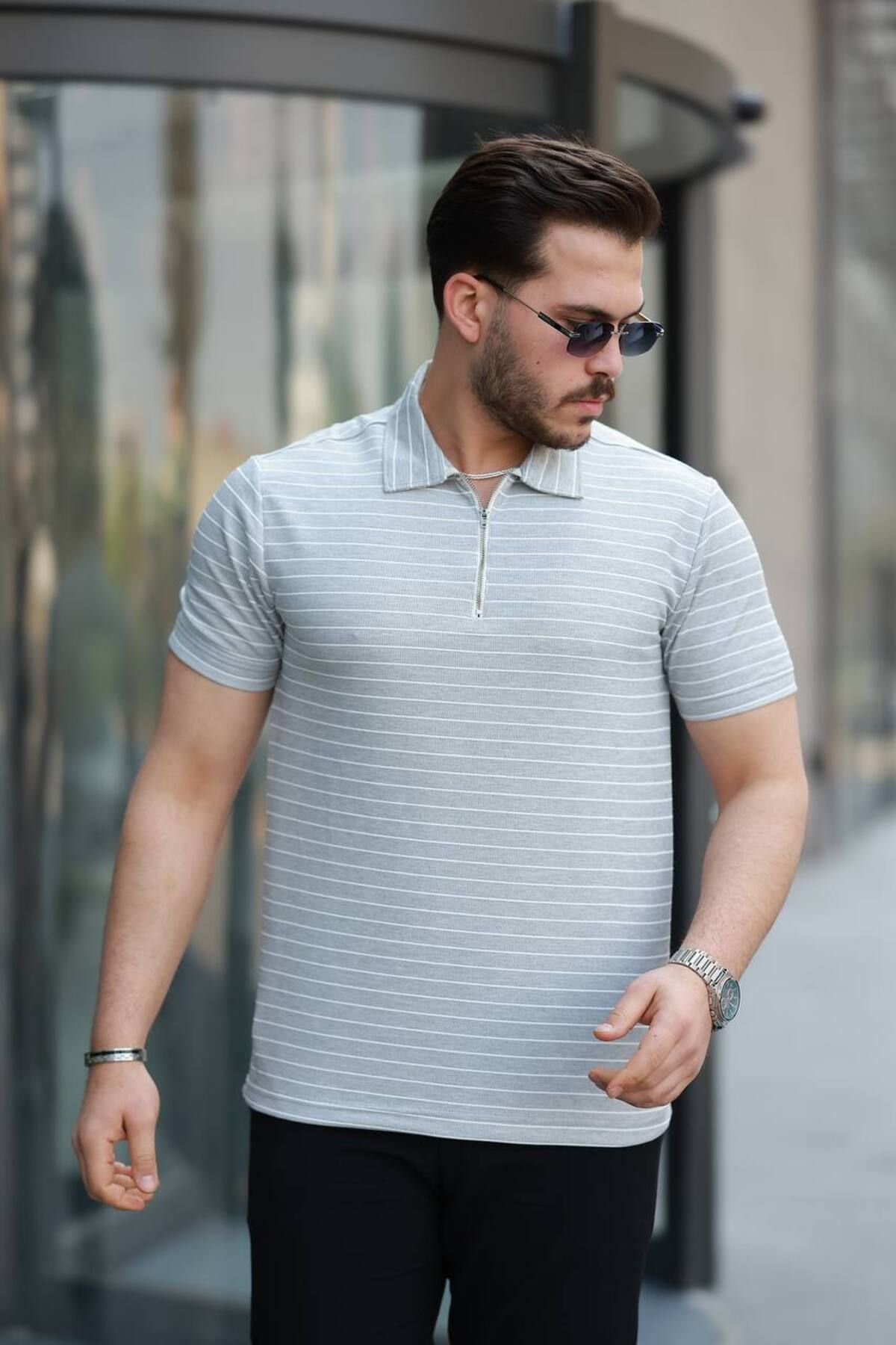 Gameyal Erkek Rahat Kalıp Yatay Çizgili Fermuarlı Polo Yaka Tişört
