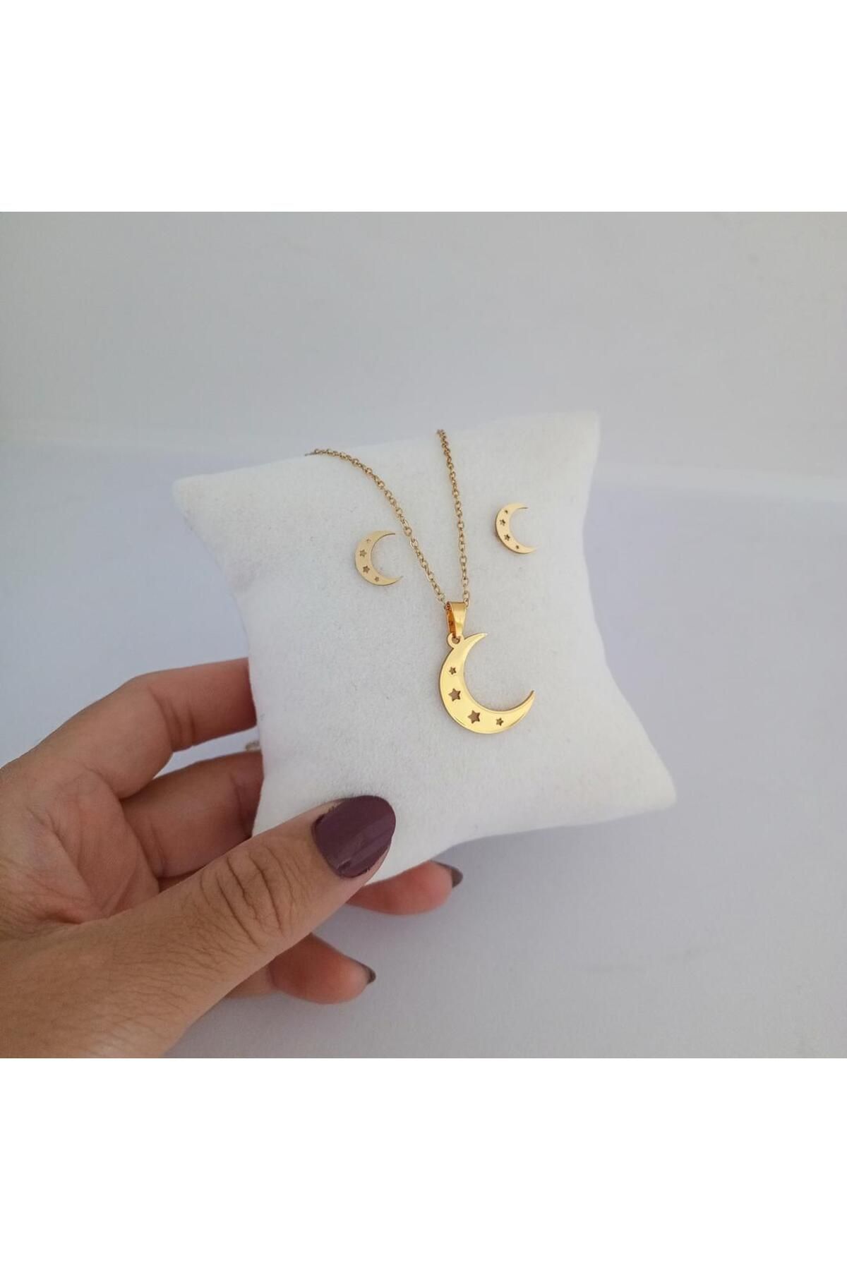 Ödül Moda Çelik Gold Yıldız Motifli Ay Kolye Küpe Seti