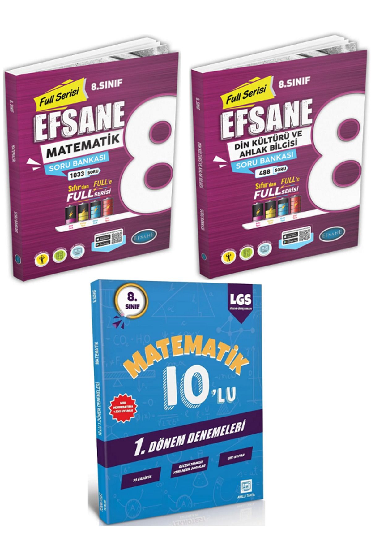 Efsane Yayınları 8.Sınıf Full Serisi Matematik + Din Kültürü Soru Bankası + 8.Sınıf 10'Lu Matematik Deneme - 3 KİTAP