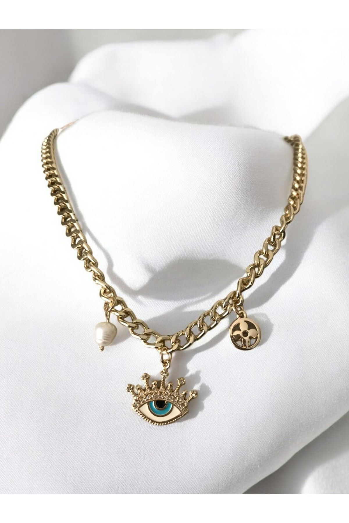 shop PASLANMAZ ÇELİK GOLD GÖZ DETAYLI TAŞLI İNCİLİ PARLAK KARARMAZ KOLYE