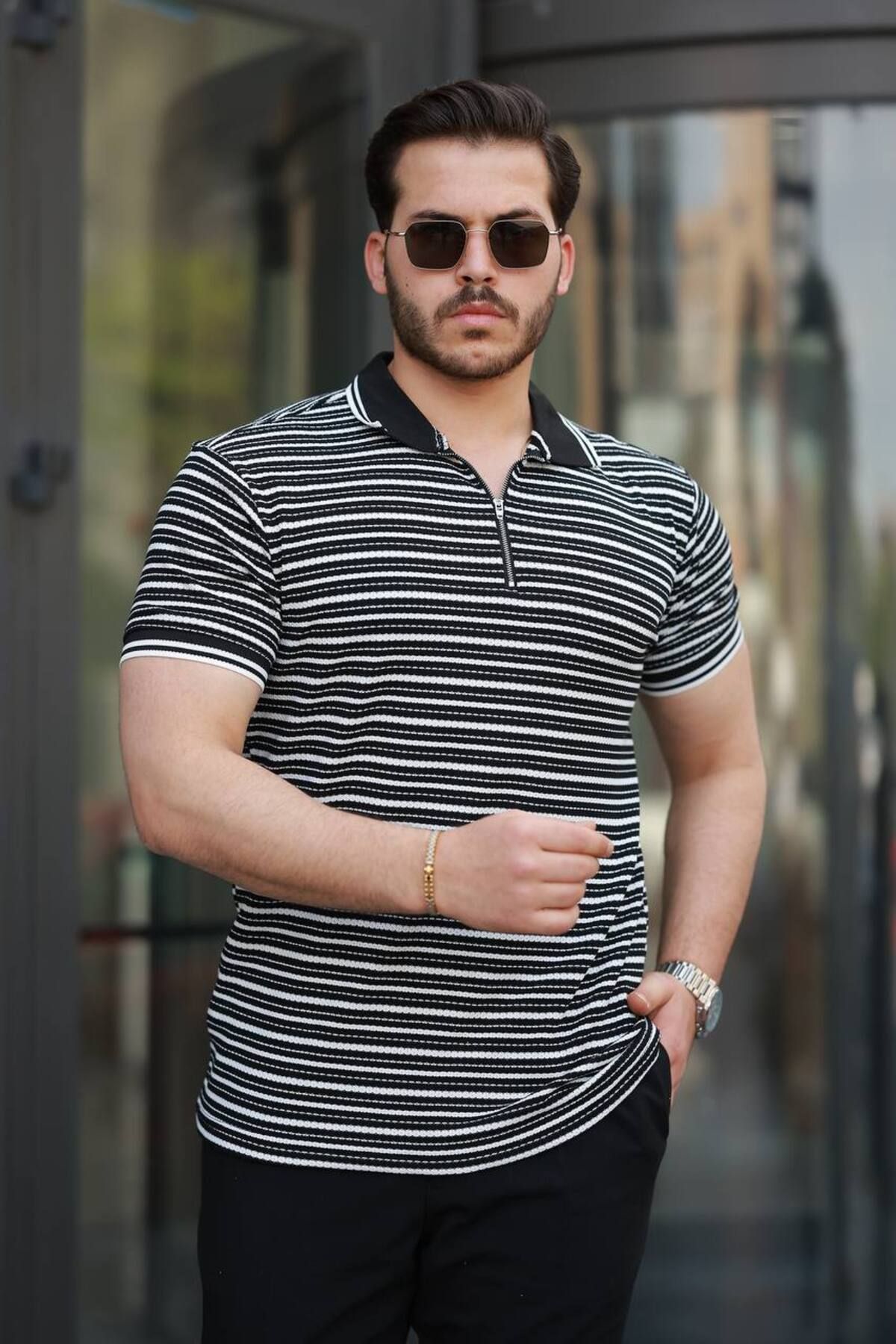 YONEZ MODA Erkek Rahat Kalıp Gofre Örmeli Çizgili Polo Yaka Tişört