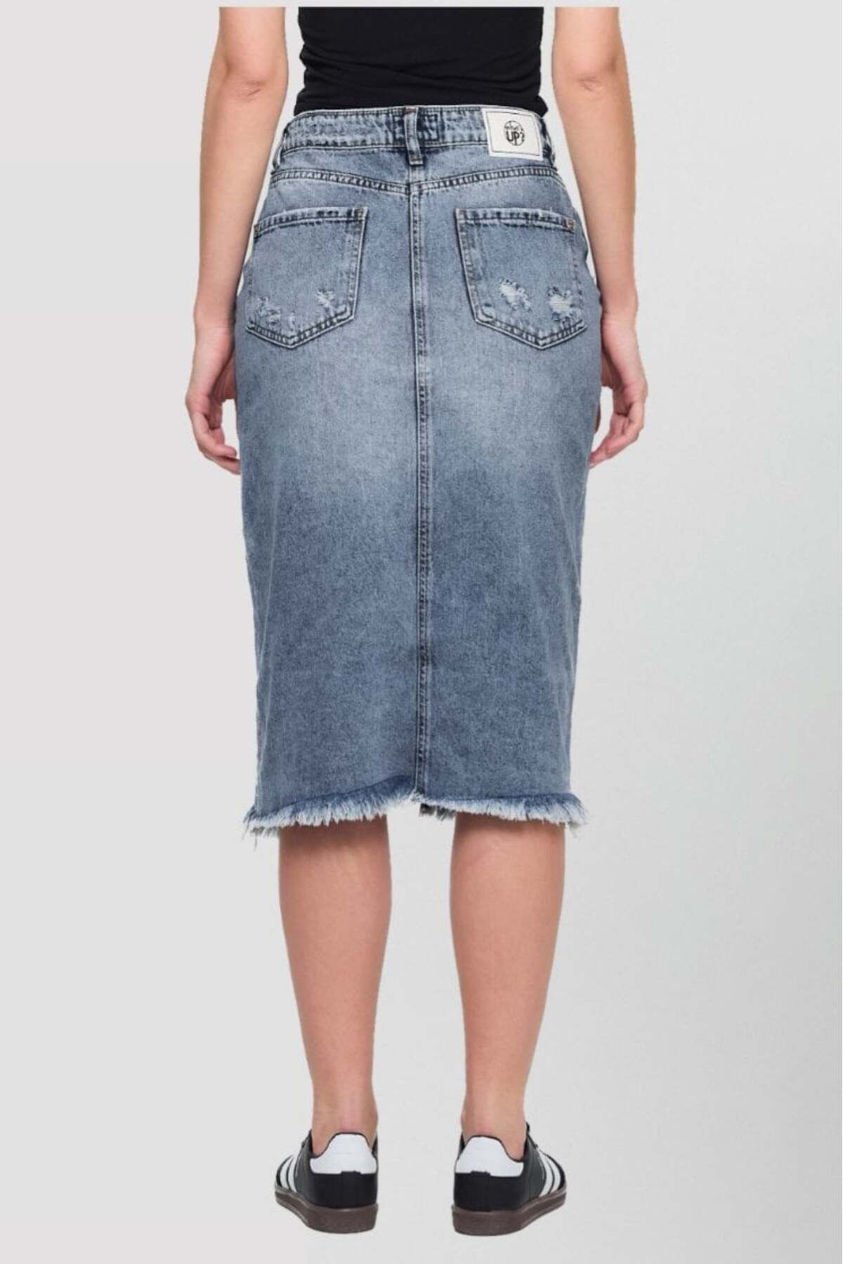 What's Up WhatsUp Yüksek Bel Yırtmaçlı Denim Etek - Denim-Denim - 28