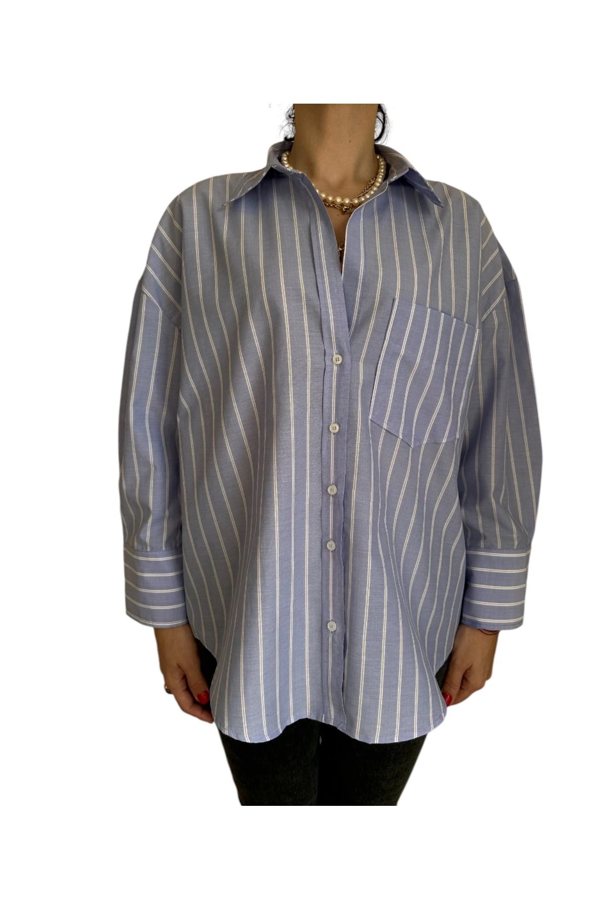saze butik Çizgili Poplin Gömlek