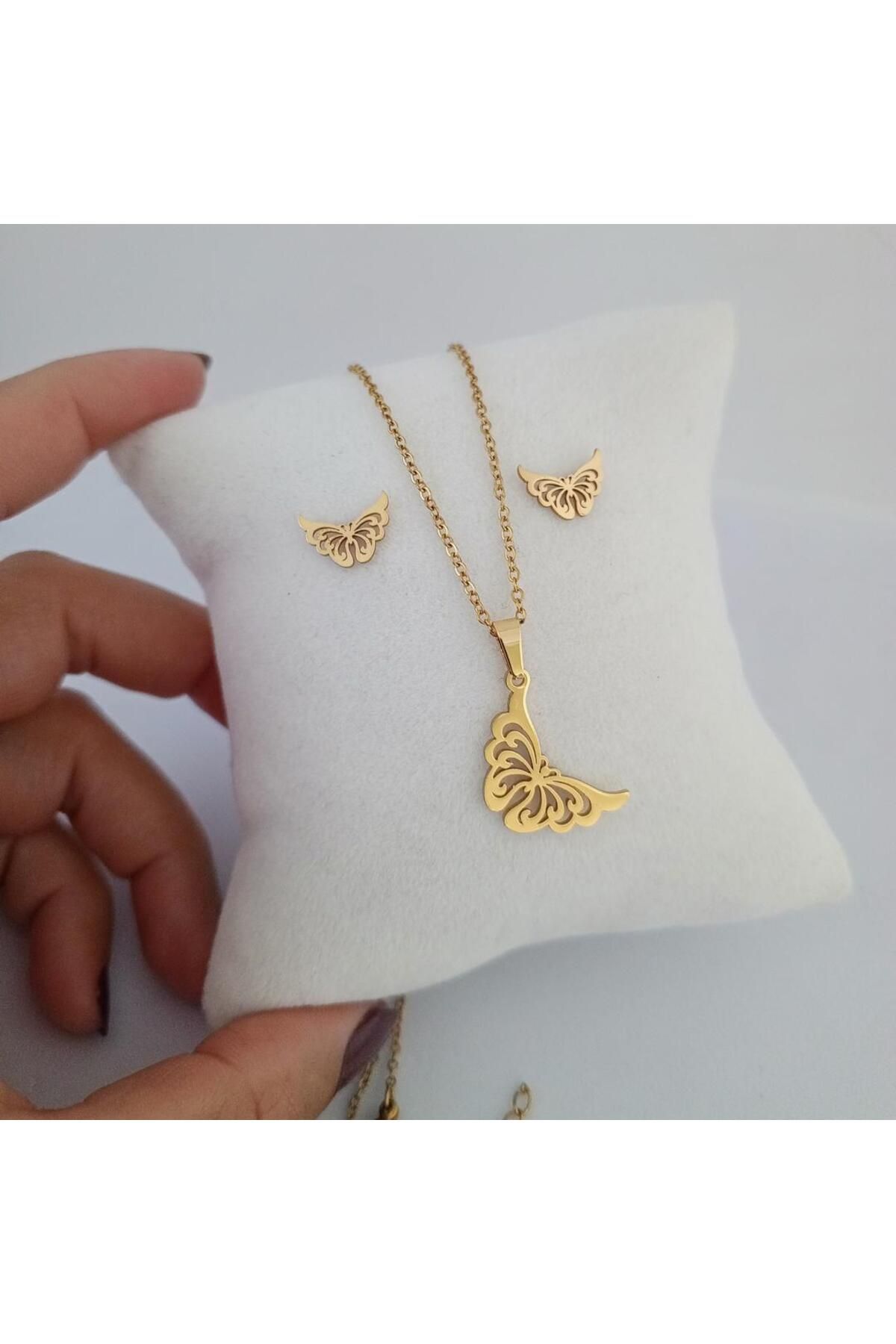 Ödül Moda Çelik Gold Kelebek Kolye Küpe Seti