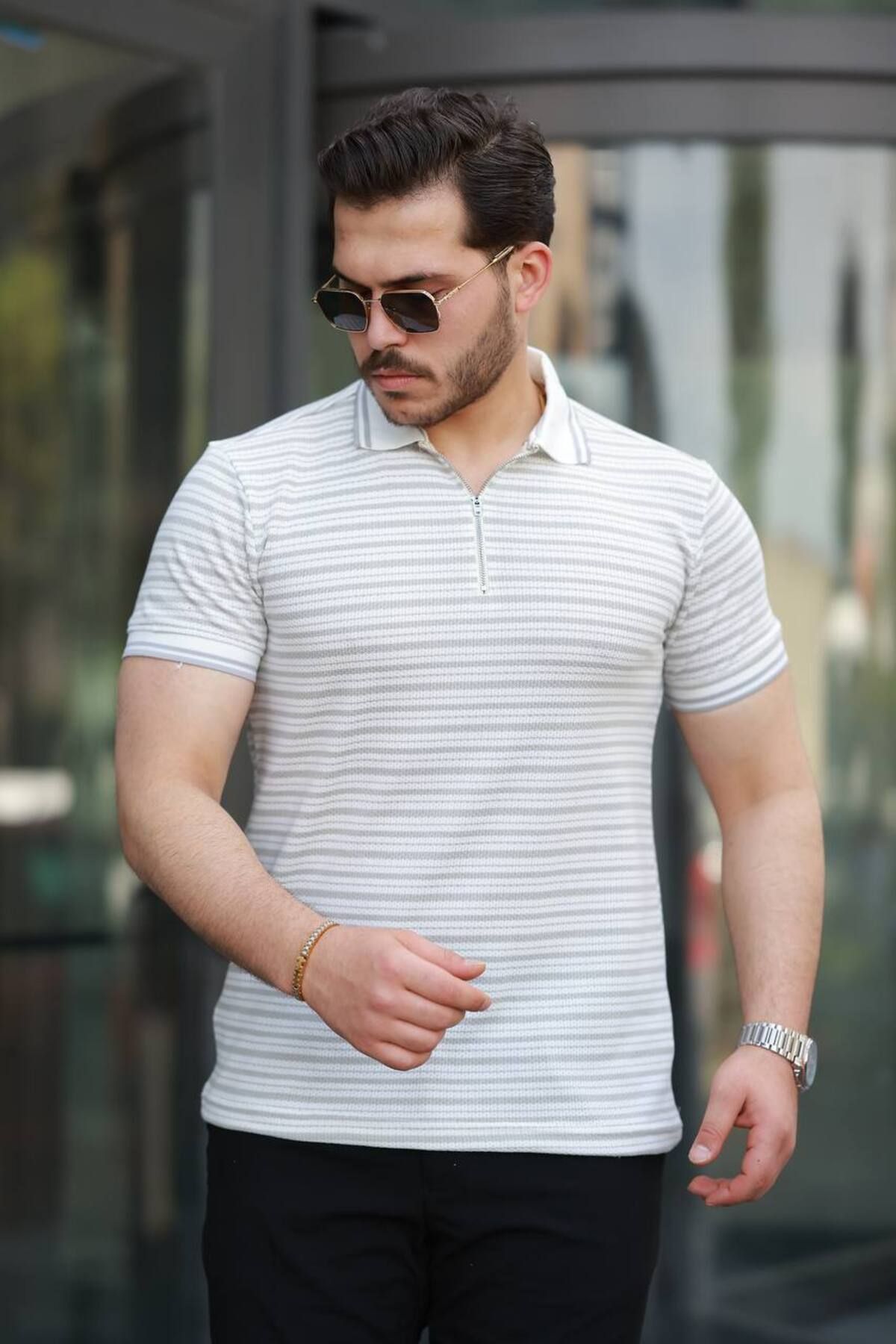 Gameyal Erkek Rahat Kalıp Gofre Örmeli Çizgili Polo Yaka Tişört