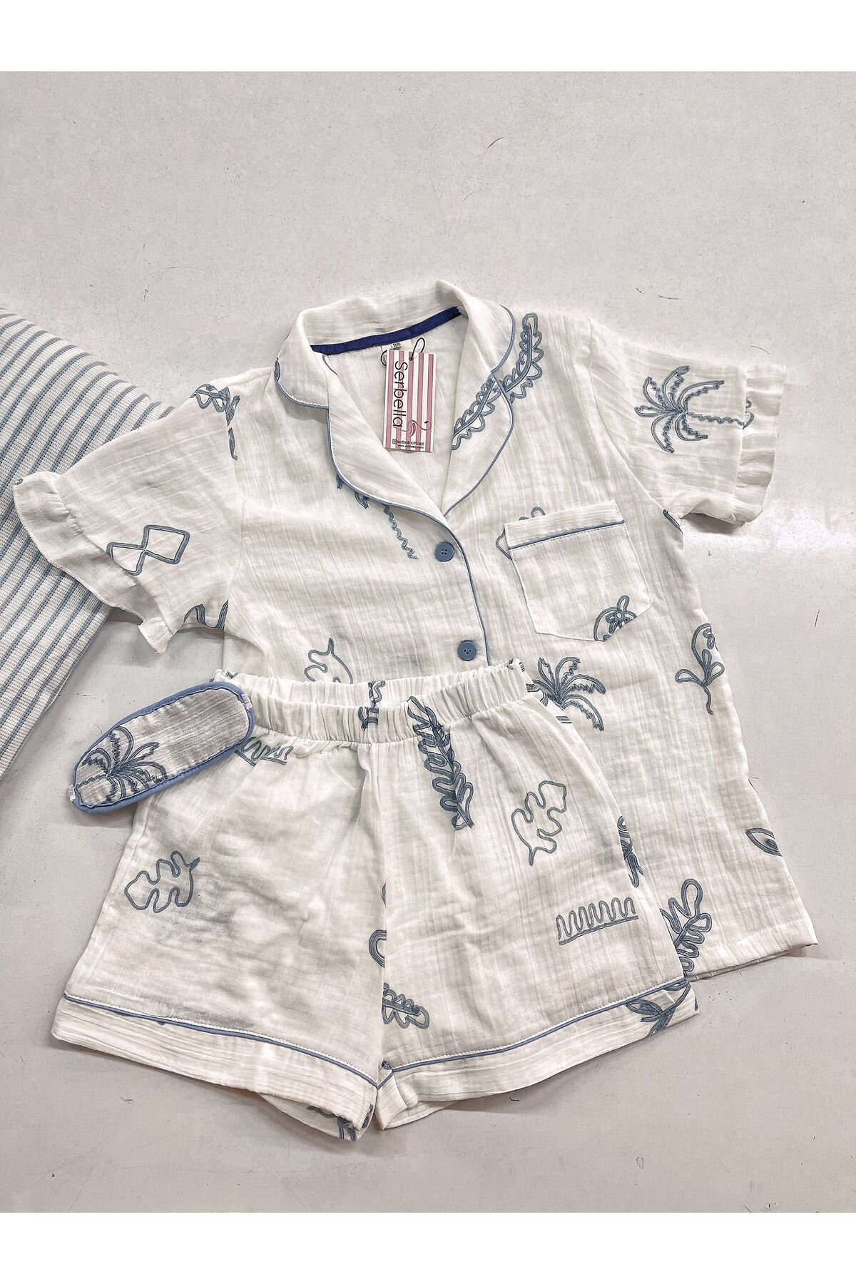 Serbella Miami Beyaz Organik Müslin Şortlu Pijama Takım Pamuk Terletmeyen