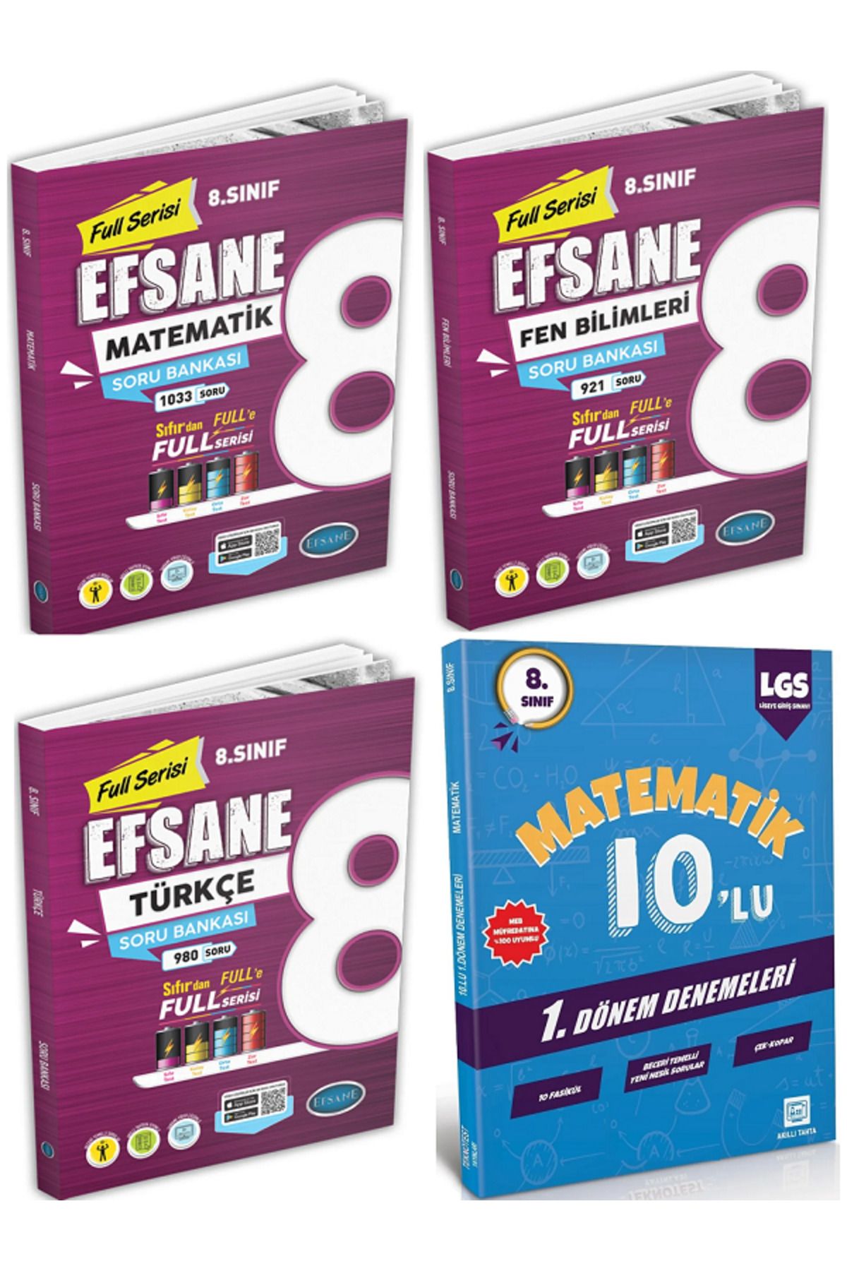 Efsane Yayınları 8.Sınıf Full Serisi Matematik + Fen + Türkçe Soru Bankası + 8.Sınıf 10'Lu Matematik Deneme - 4 KİTAP