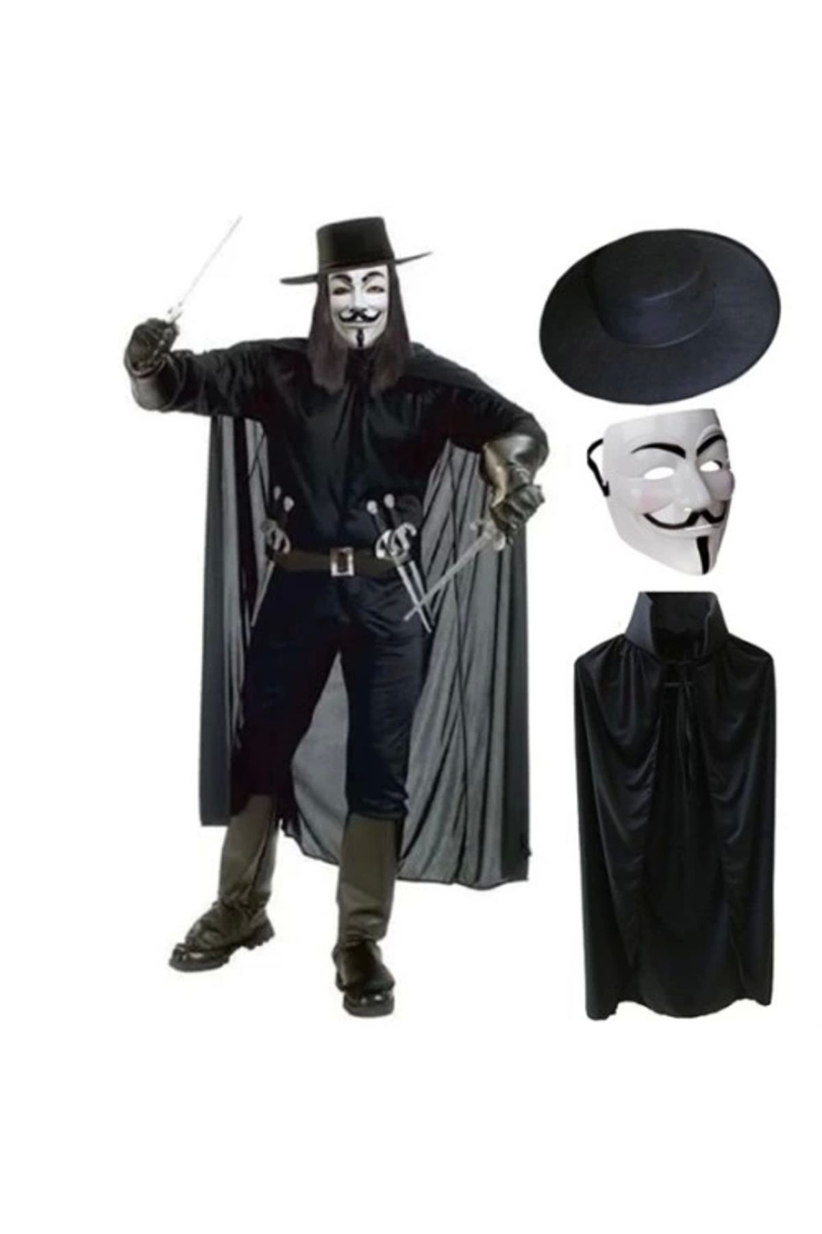 PRATİKOBA V For Vendetta Maskesi Şapka Pelerin Seti