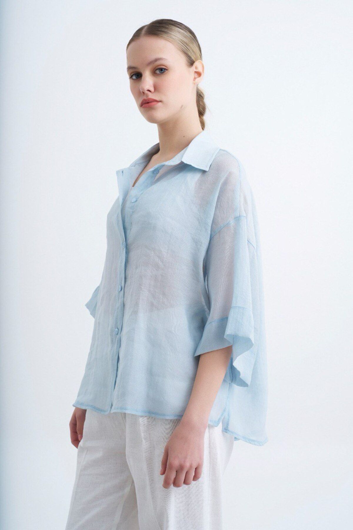 My Blog Açık Mavi Oversize İpeksi Gömlek - 4927