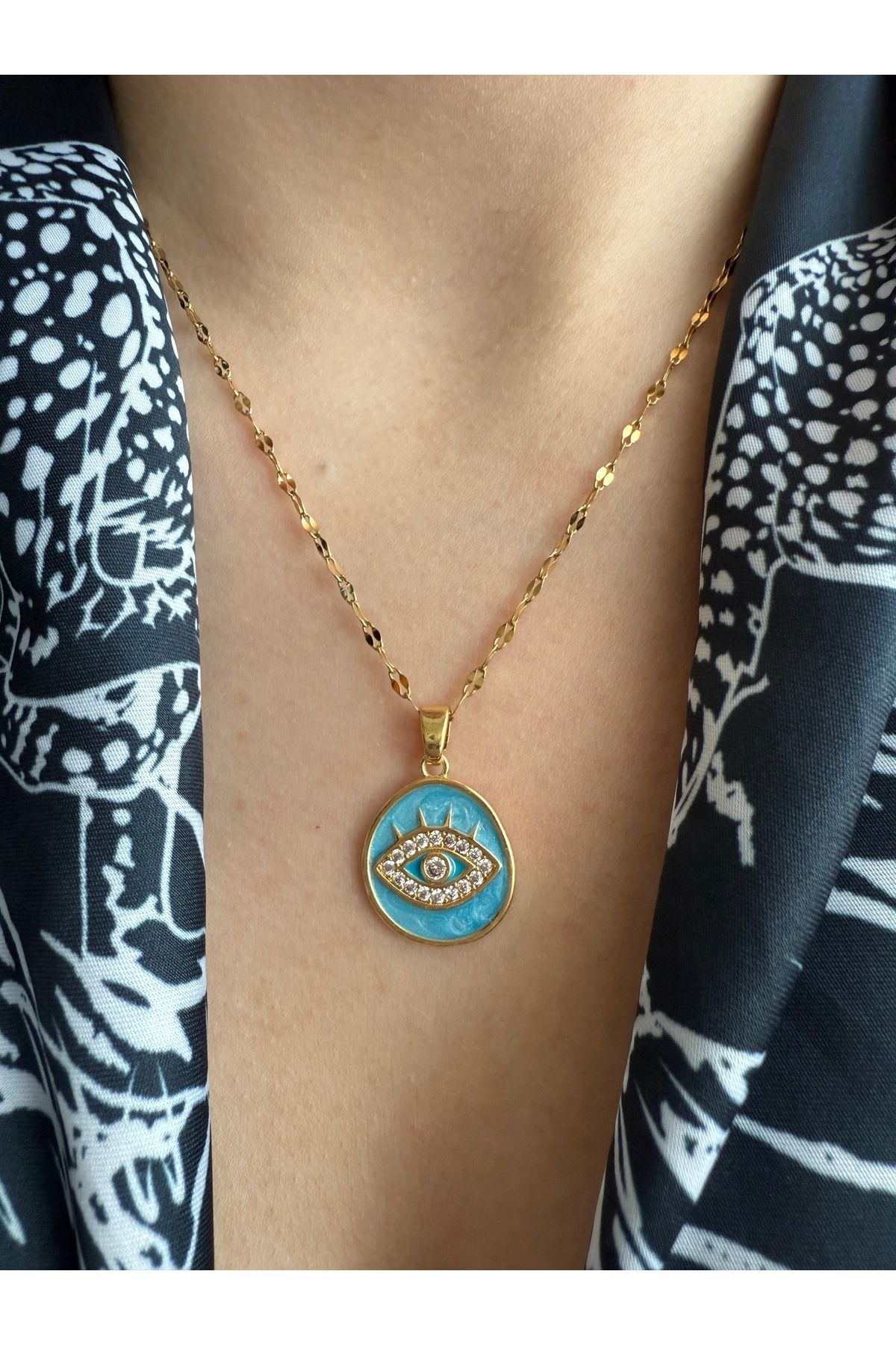 Pinery Jewels Mavi Taşlı Göz Kararmaz Paslanmaz Çelik Kadın Kolye – Modern ve Şık Tasarım