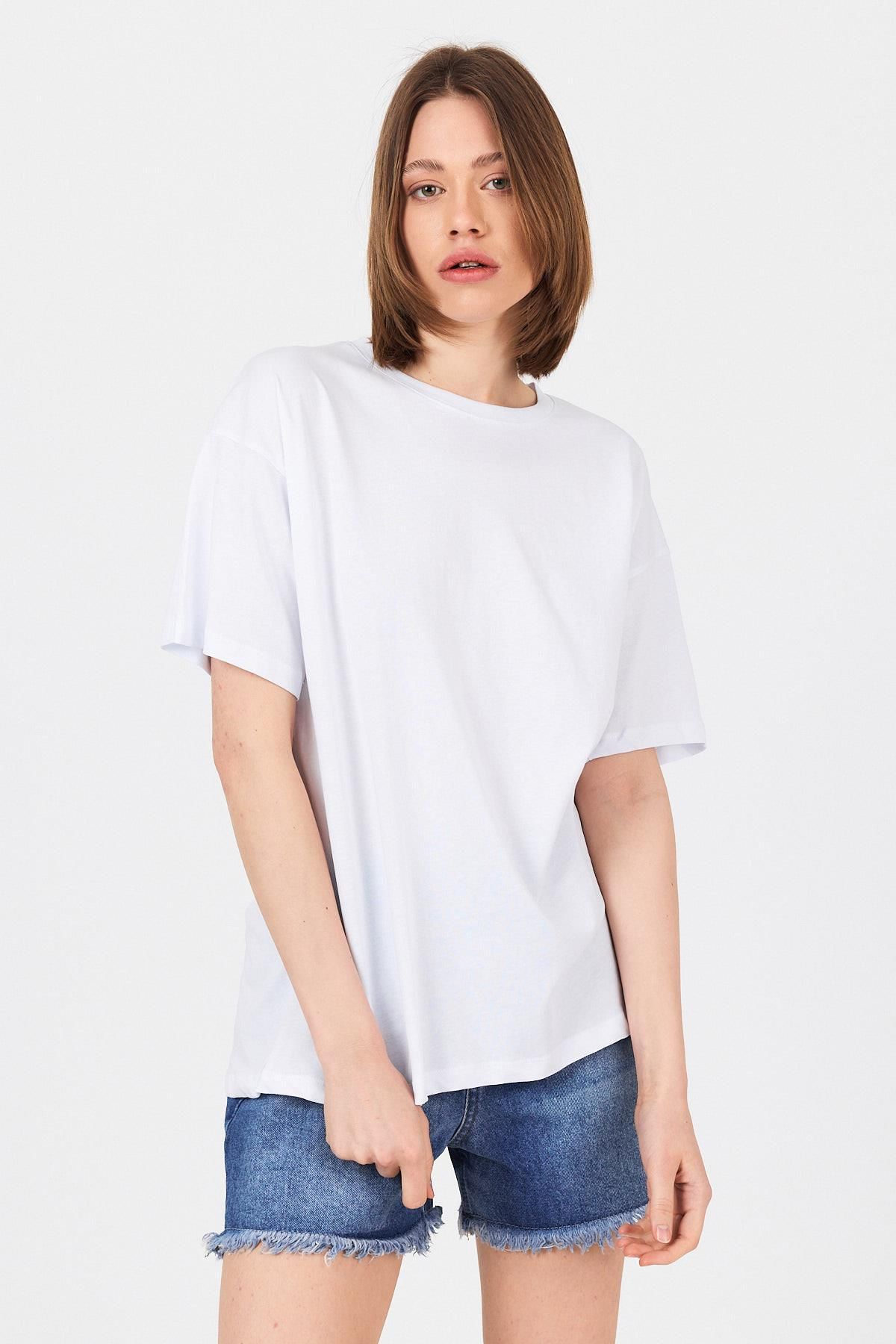 Rays Beyaz Omuz Yazı Baskılı %100 Pamuk Oversize Tişört 2150-30M