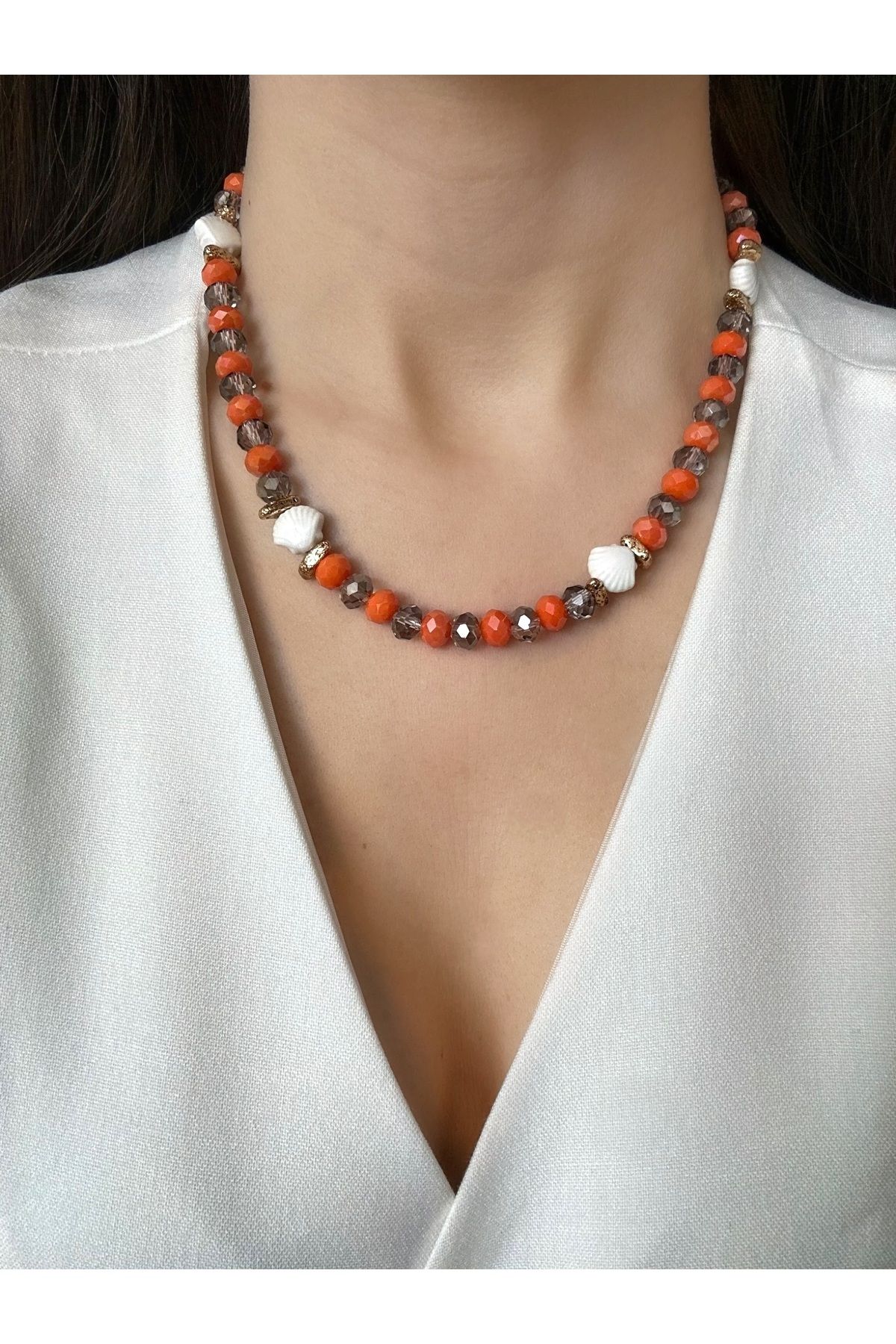 cansu birteksöz Seashell - Midye Figürlü Gri & Turuncu Boncuklu Lav Taşı Kolye