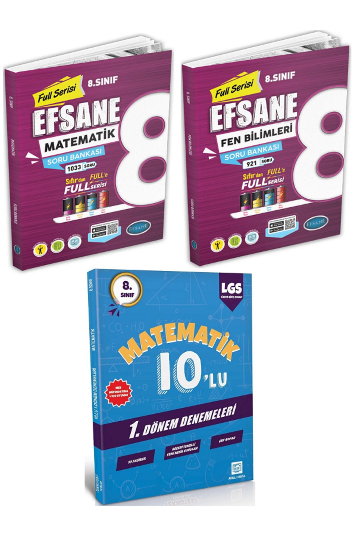 Efsane Yayınları 8.Sınıf Full Serisi Matematik + Fen Biliml Soru Bankası + 8.Sınıf 10'Lu Matematik Deneme - 3 KİTAP