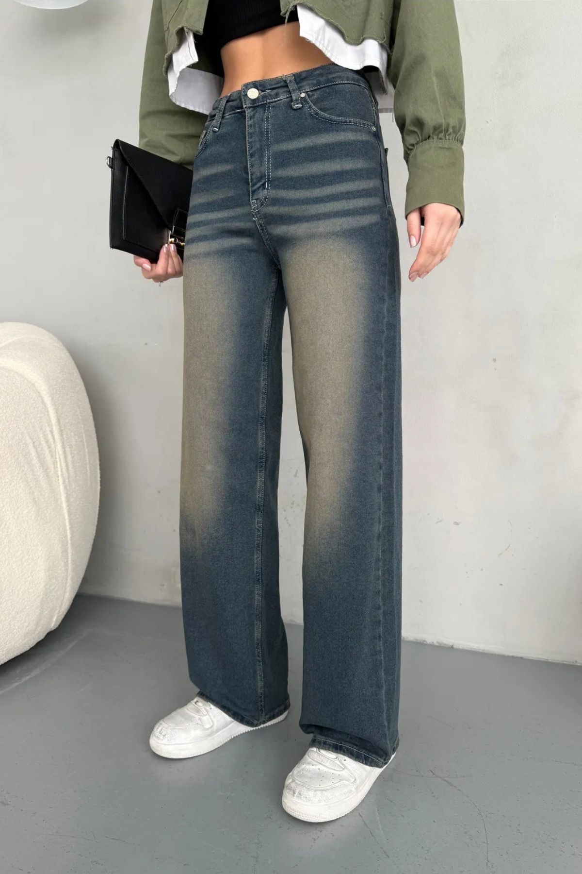 alanora Kadın Yüksek bel Esnek Soluk Efektli Vintage Palazzo Jeans