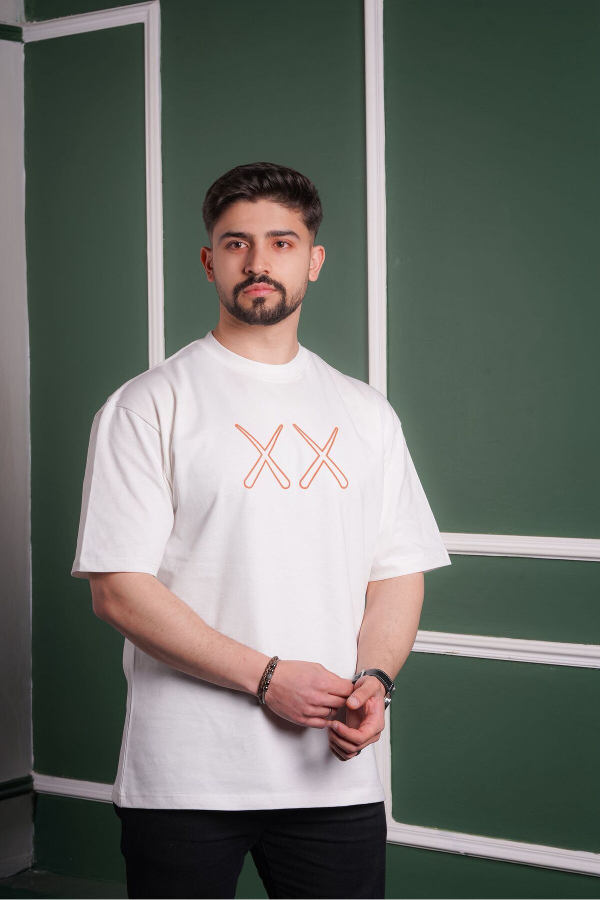 Butik Unisex Ön Arka Baskılı Beyaz Bisiklet Yaka Oversize Salaş Tişört