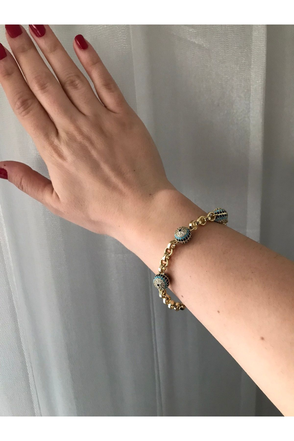 shop PASLANMAZ ÇELİK BÜYÜK NAZAR BONCUKLU TAŞLI KALIN ZİNCİRLİ PARLAK KARARMAZ BİLEKLİK