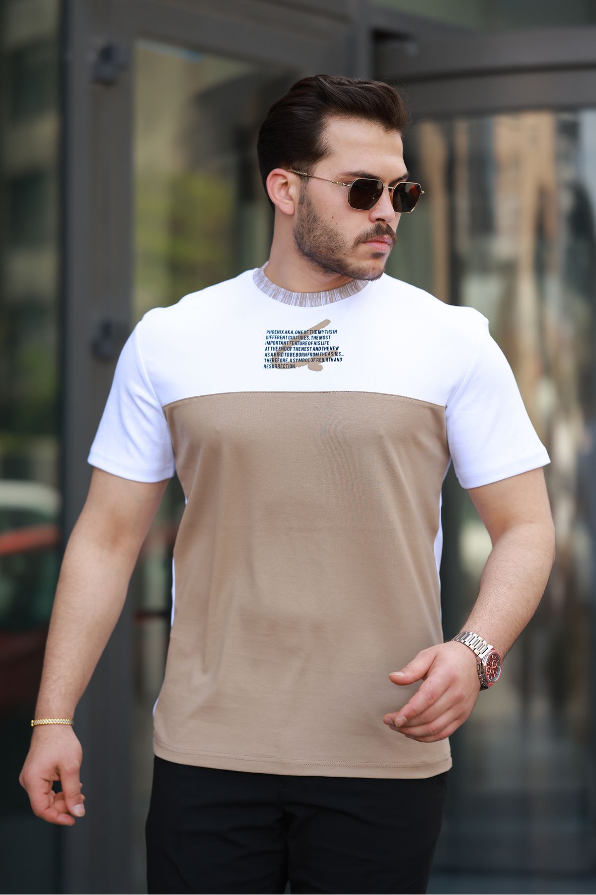 SALTİMORE Beyaz - Bej Renk Bloklu %100 Pamuk Over Fit Bisiklet Yaka Parça Baskılı T-Shirt