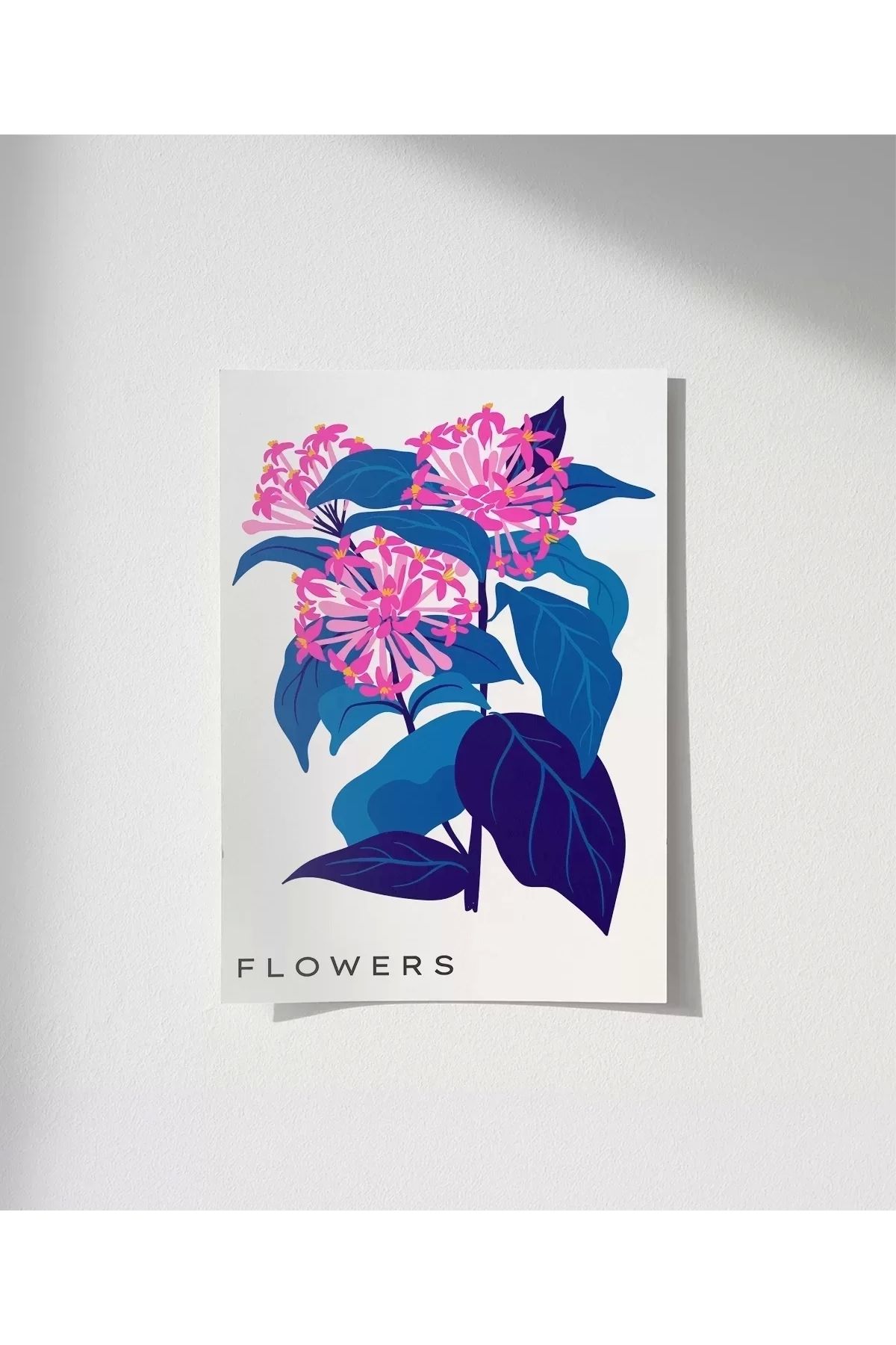 VOGLOO Çerçevesiz Poster Mavi Yaprak Pembe Çiçek