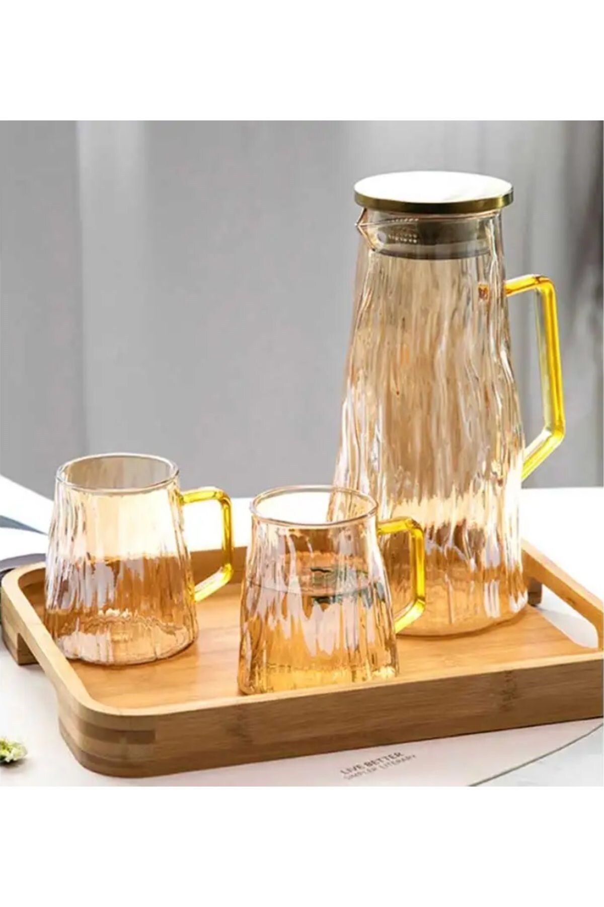 Qerhome Borosilikat Cam Sürahi Takım 2 Bardaklı Elio GOLD 1800 Ml