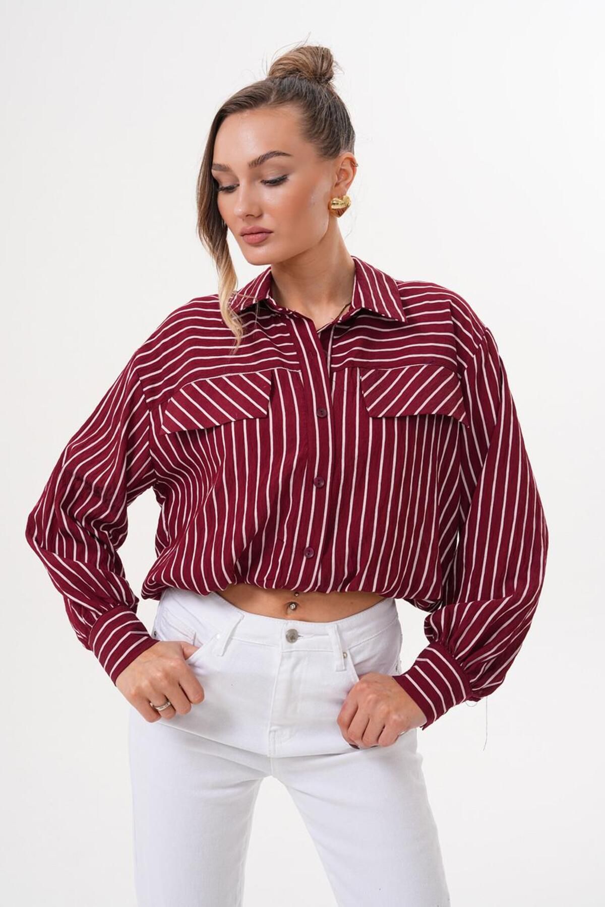 Flame İstanbul Butik Çift Cepli Gizli Crop Gömlek SRP2039
