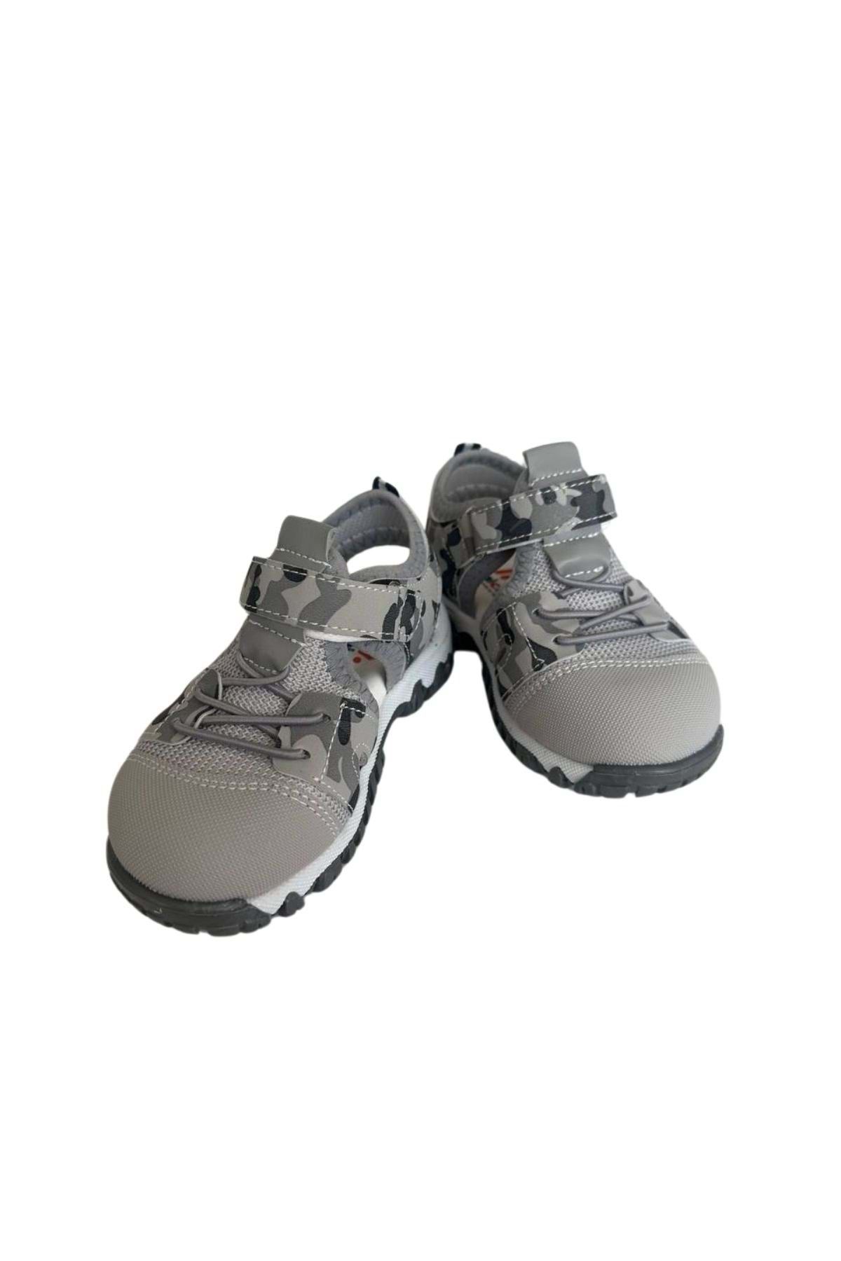 wakawakakidsstore Gri Kamuflaj Desenli Unisex Çocuk Sandalet