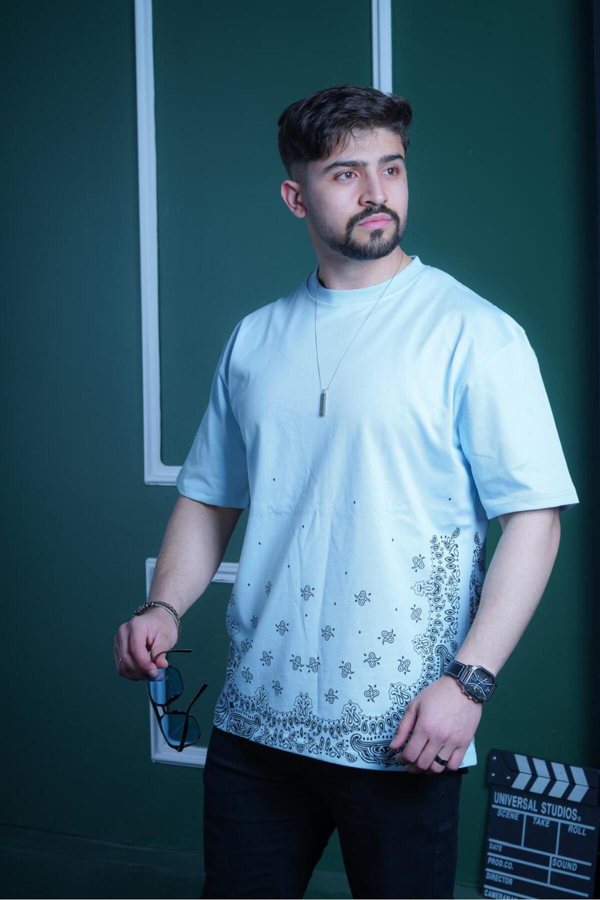 Butik Unisex Ön Arka Baskılı Açık Mavi Bisiklet Yaka Oversize Salaş Tişört