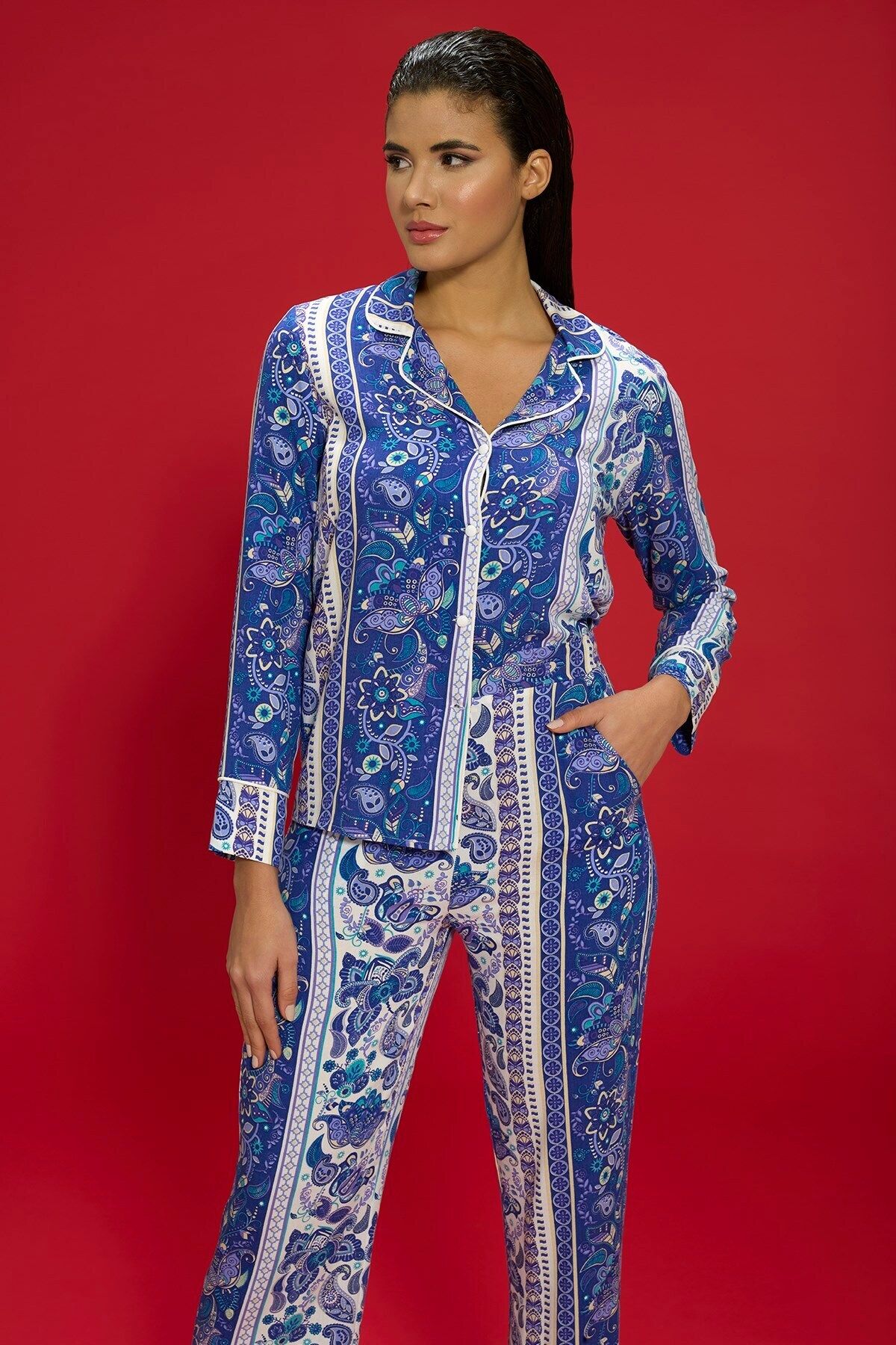 FOR YOU MODA-7-Piece Viscose Blue Pajama Set with Ethnic Pattern Both Inside and Outside 3
