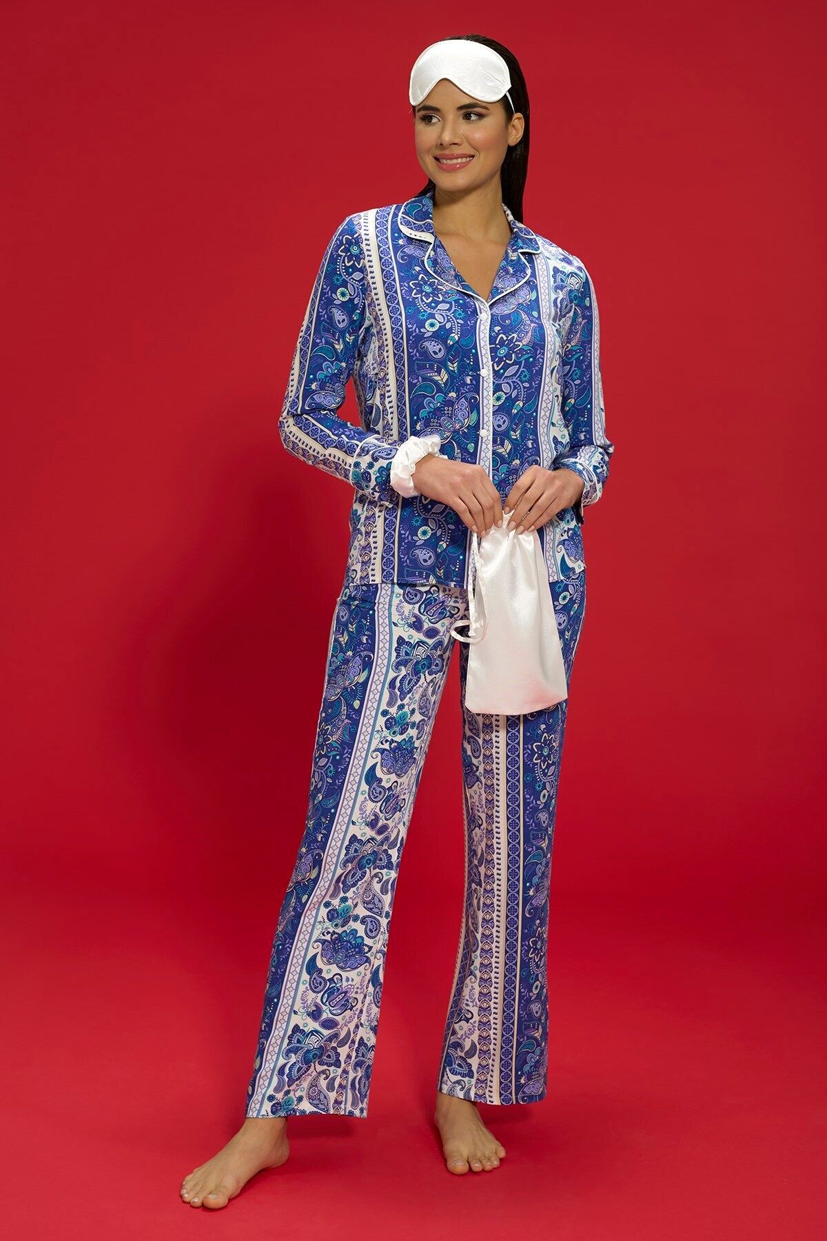 FOR YOU MODA-7-Piece Viscose Blue Pajama Set with Ethnic Pattern Both Inside and Outside 4