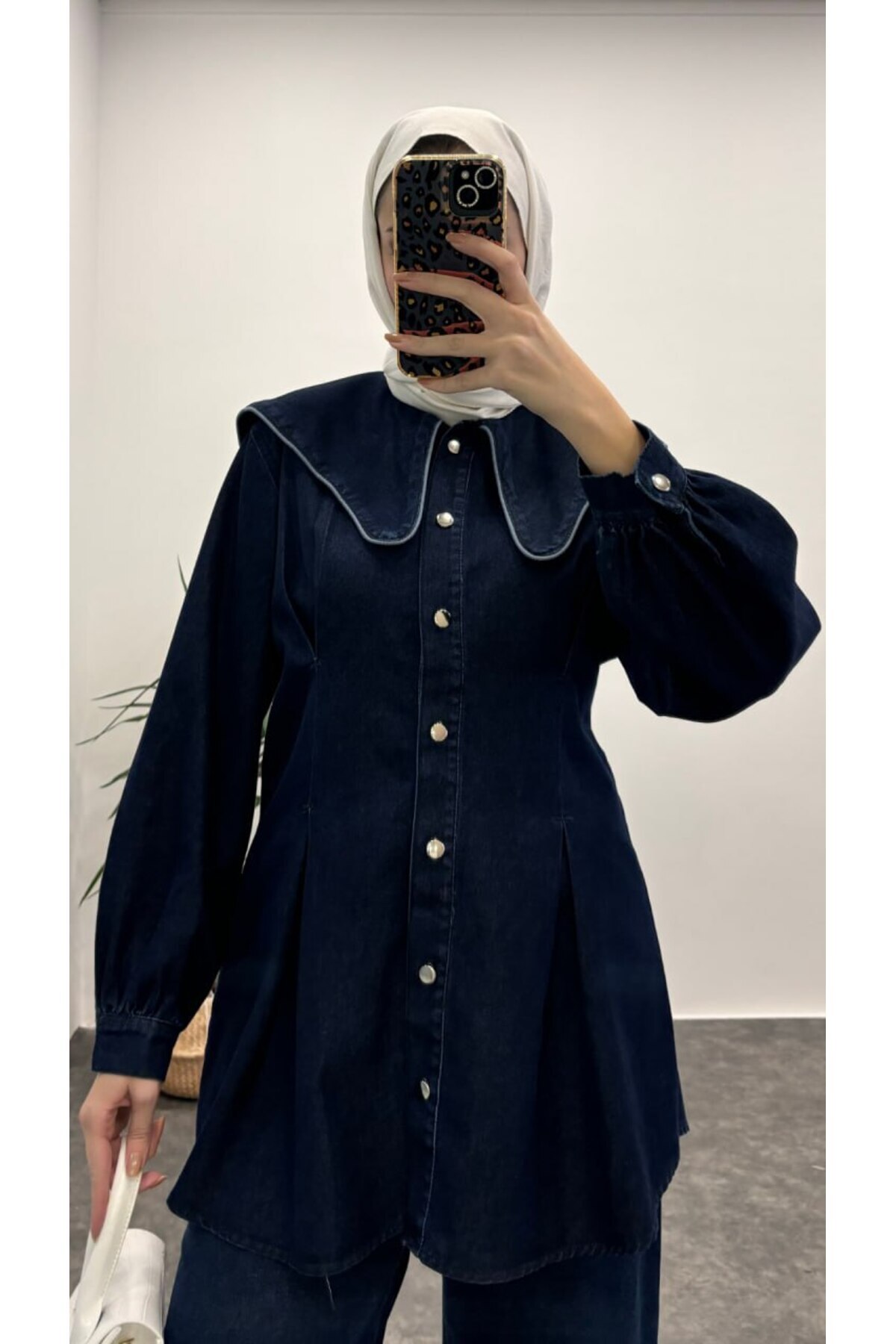 Suede Style 9210 - Denizci Yaka Uzun Rahat Şık Kadın Kot Ceket