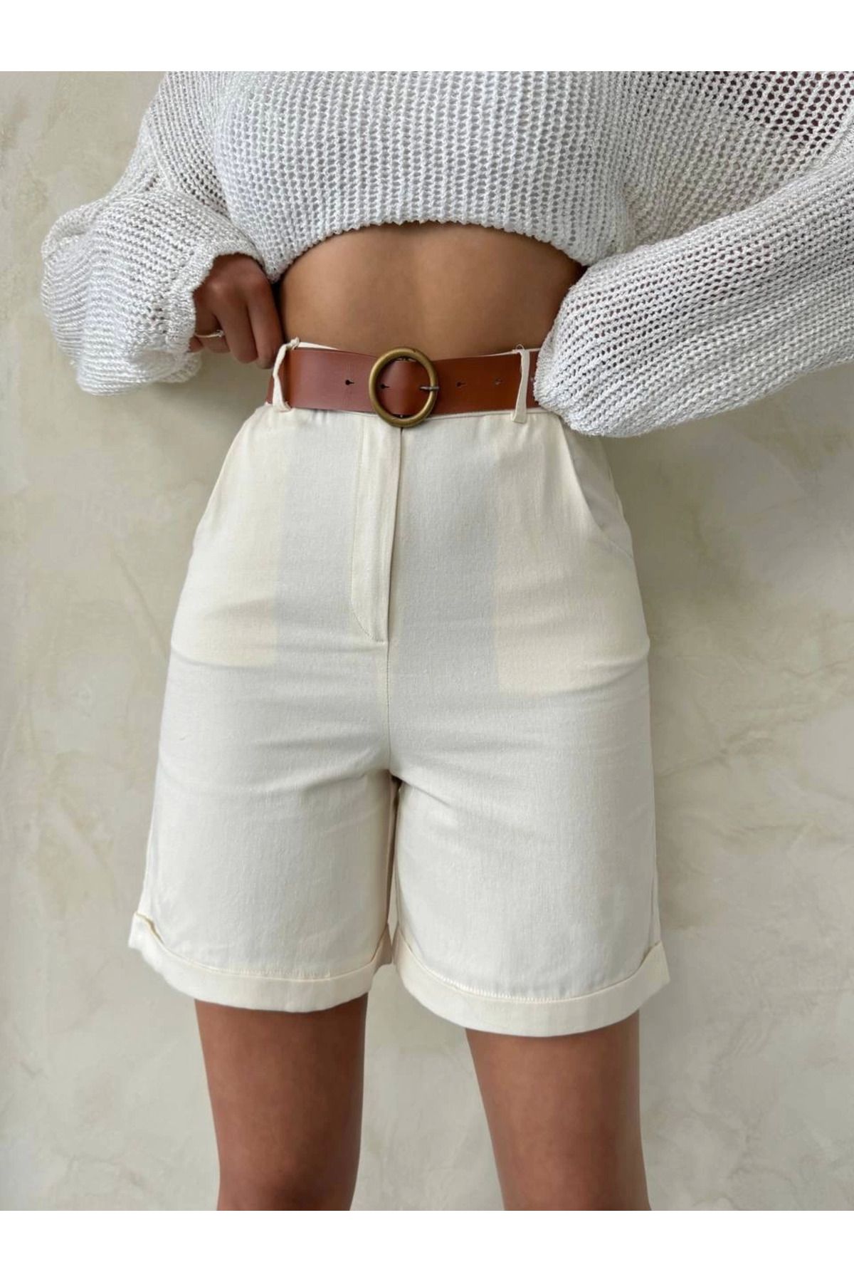 İntive Lingerie Gabardin Kumaş Krem Regular Fit Yüksek Bel Orta-Mini Şort