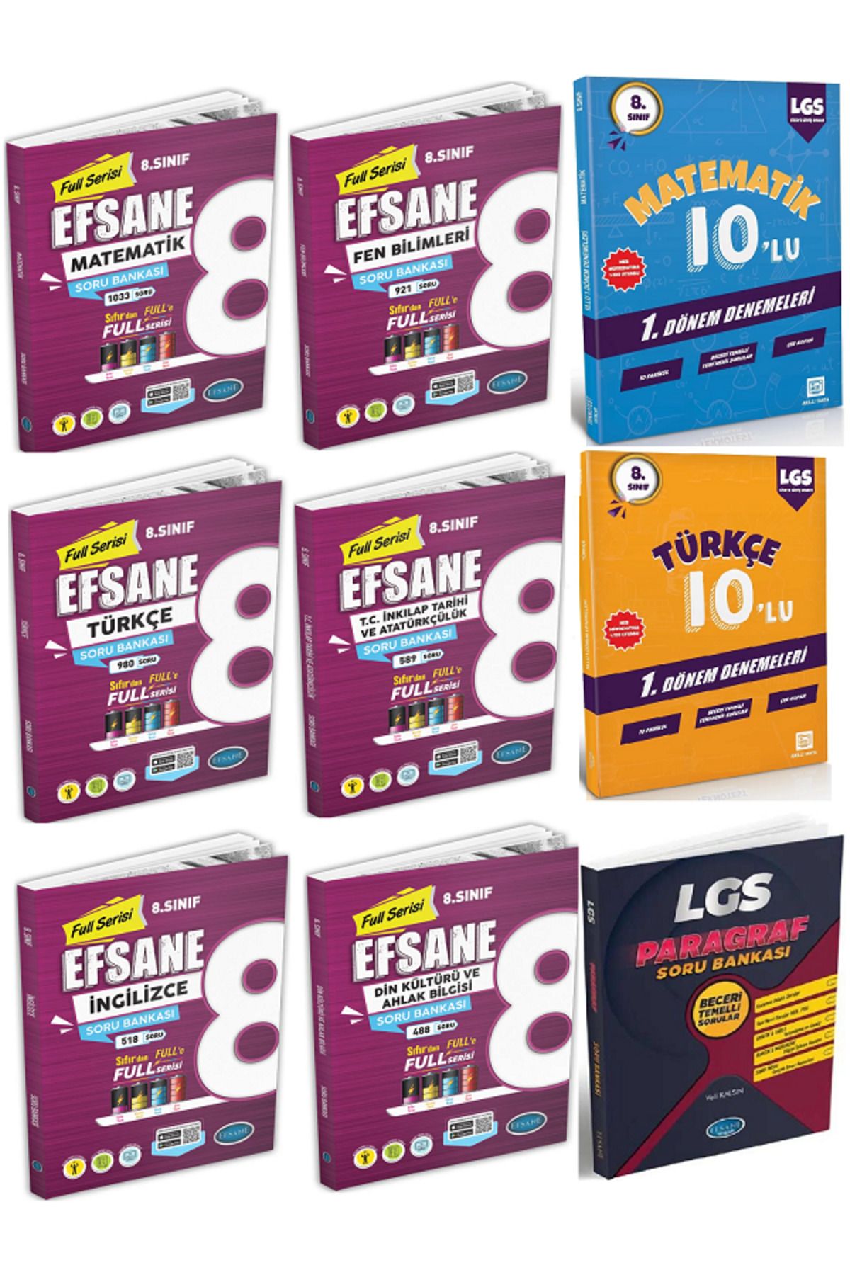 Efsane Yayınları 8.Sınıf Matematik + Fen + Paragraf Soru Bankası + 8.Sınıf 10'Lu Türkçe + Matematik Deneme - 9 KİTAP