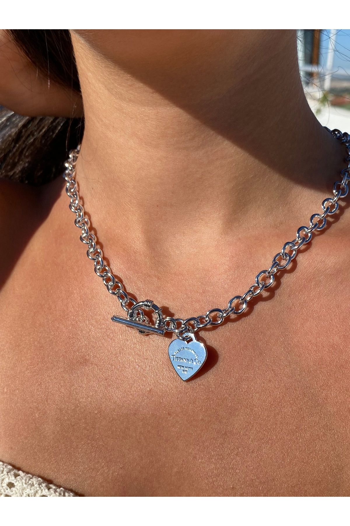 Jiji Jewelery Tiff Co Heart Tag Toggle Gümüş Renk Çelik Kolye