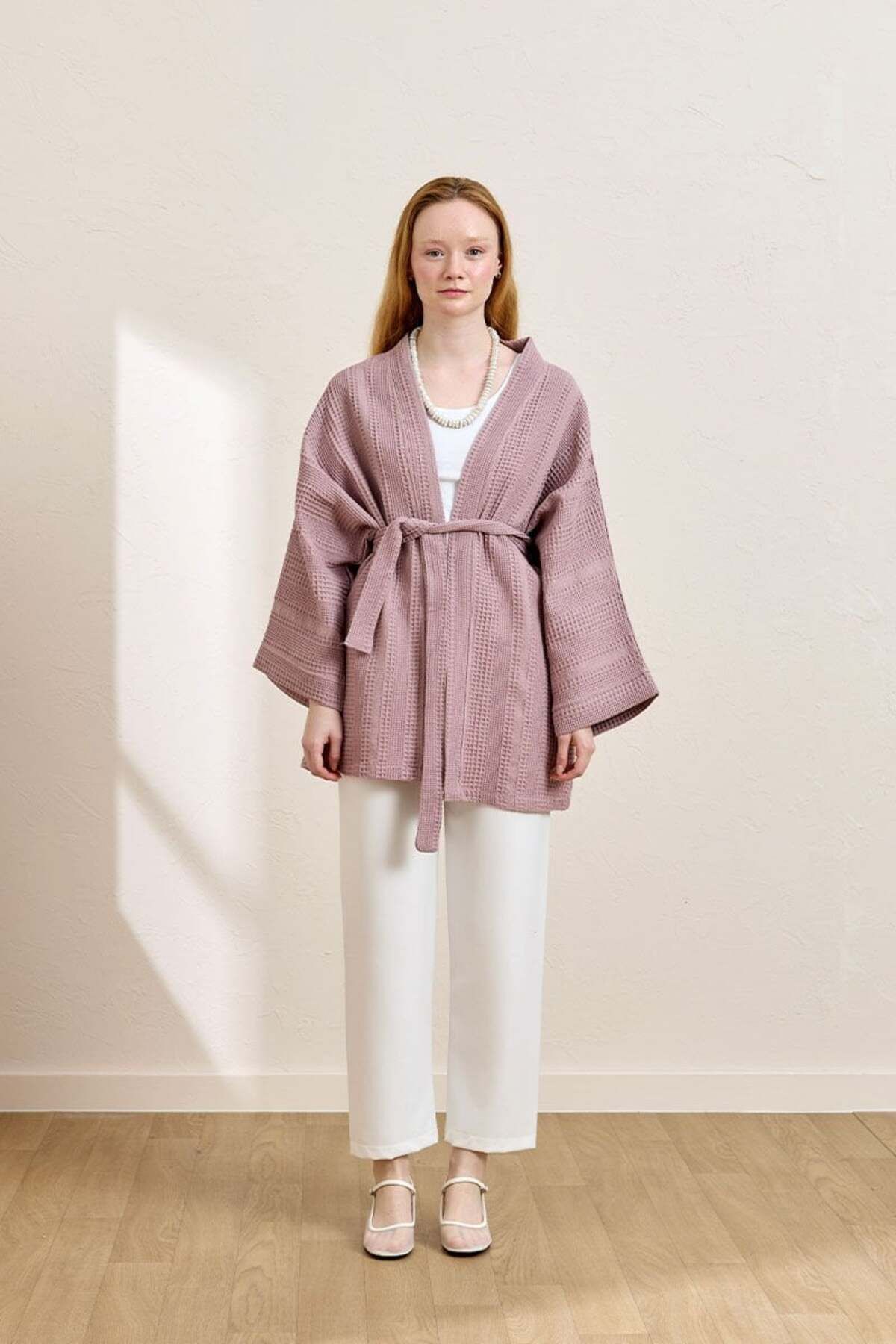 Ceylan Otantik Lila Waffle Kısa Kimono