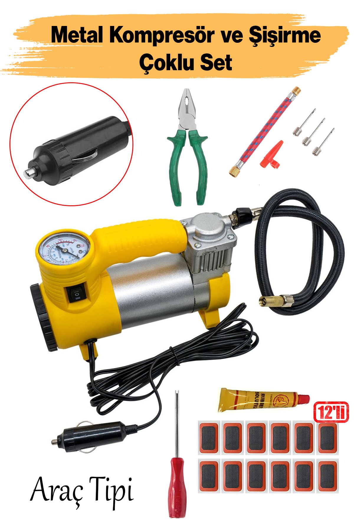 Badem10 Metal Hava Kompresörü 150 Psı 12V Araç Tipi Çakmaklık Sibop Sökme Lastik Yapıştırma Solüsyon 5 Set