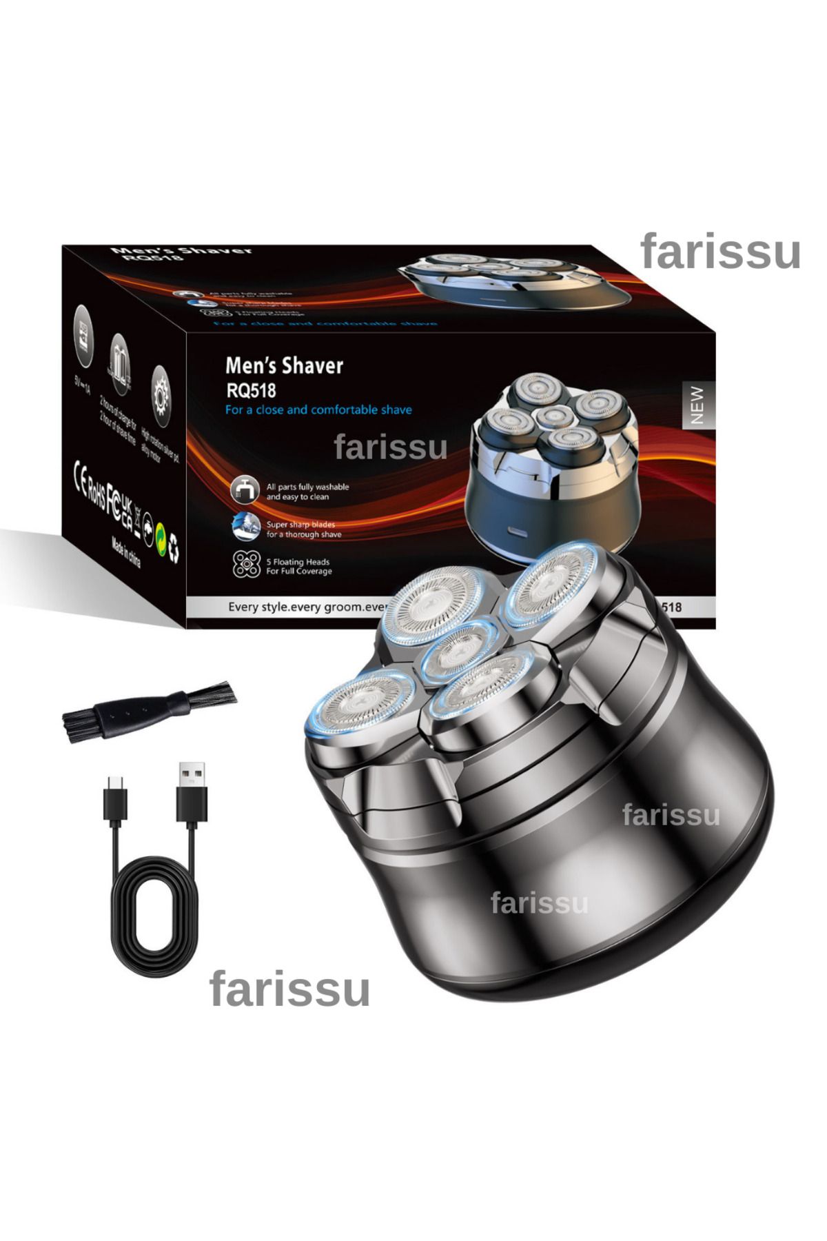 farissu RQ518 Kel Kafa Tıraş Makinesi – Sakal ve Günlük Sinek Kaydı Tıraş, USB, Su Geçirmez