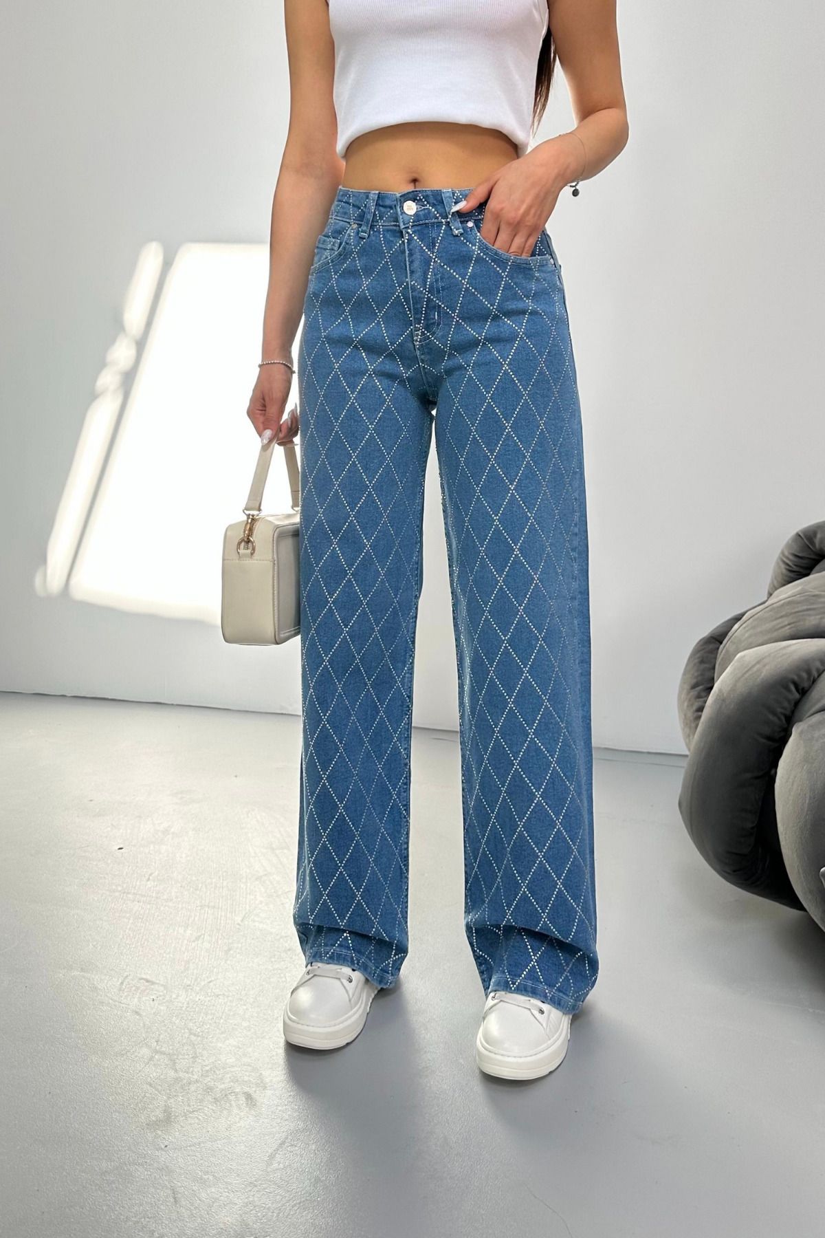 BİKELİFE Kadın Koyu Mavi Yüksek Bel Baklava Taşlı Likralı Straight Jean