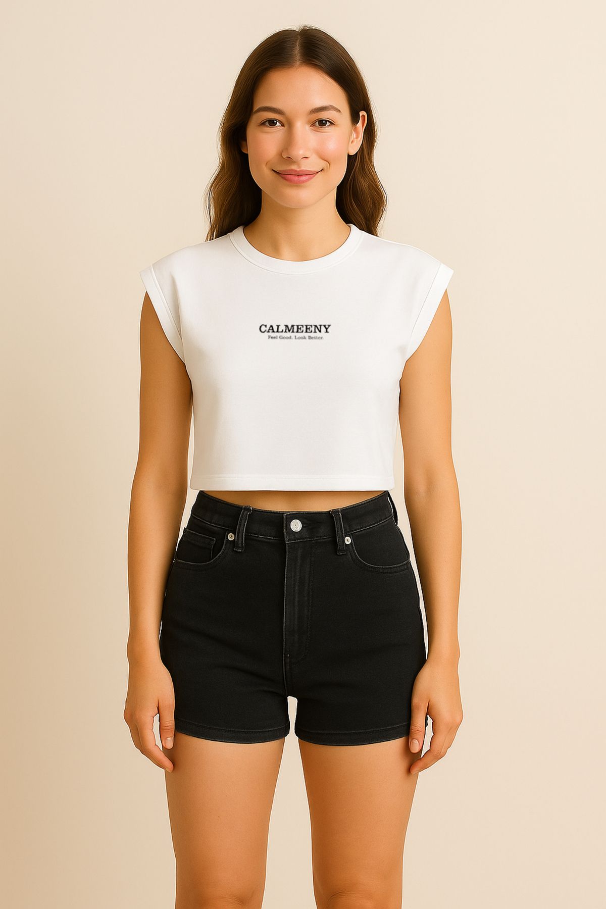 CALMEENY Kadın Oversize Kolsuz Biyeli Crop Tişört – %100 Pamuk