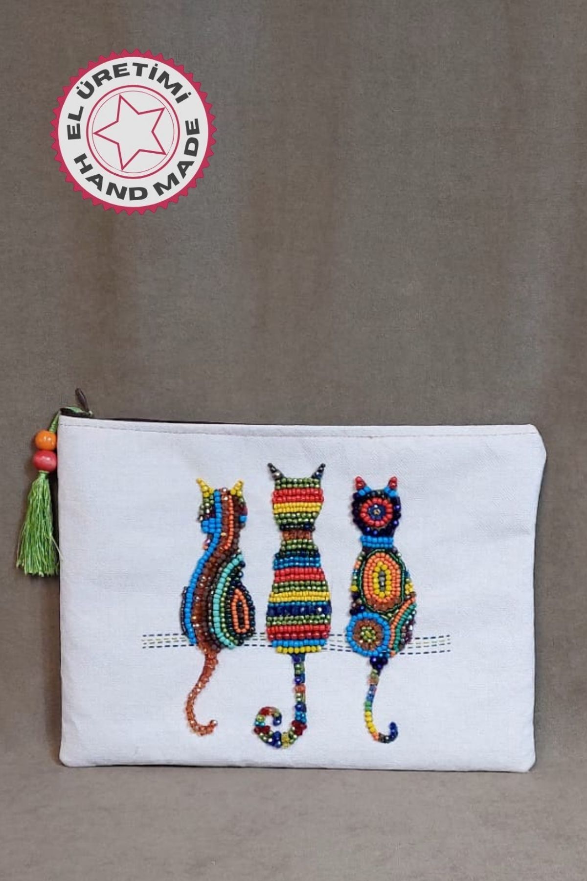 Uretti - Sümeyya 2589 1714 El Yapımı Etnik Kedi Desenli Boncuk İşlemeli - Yeşil Püsküllü Clutch Çant
