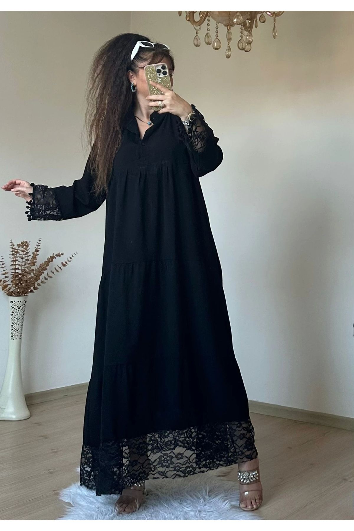 azra moda Etek Ucu Dantel Dokuma Elbise