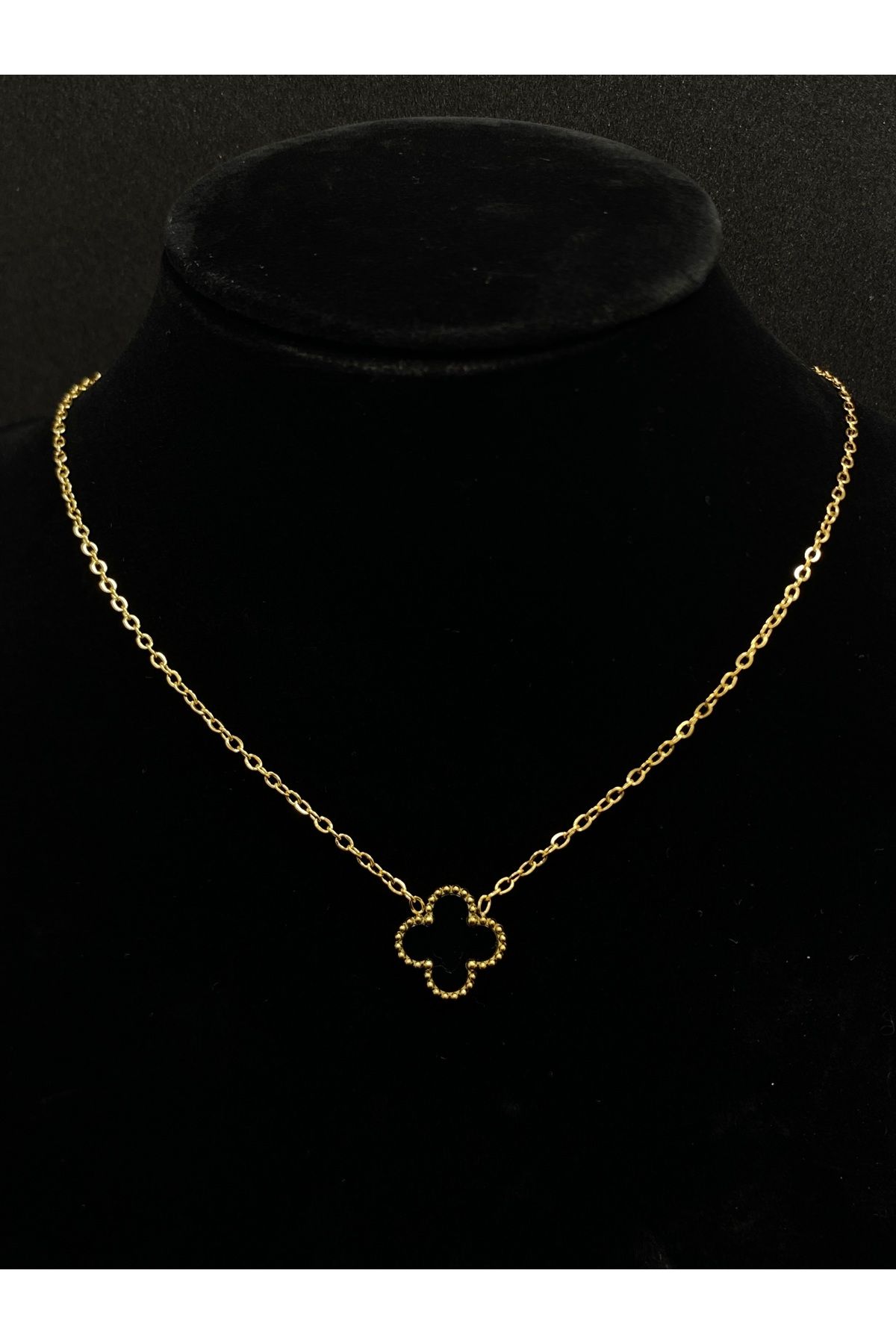 Jiji Jewelery Van Cleef Siyah Yonca Model Çift Taraflı Mineli Altın Renk Paslanmaz Çelik Kolye